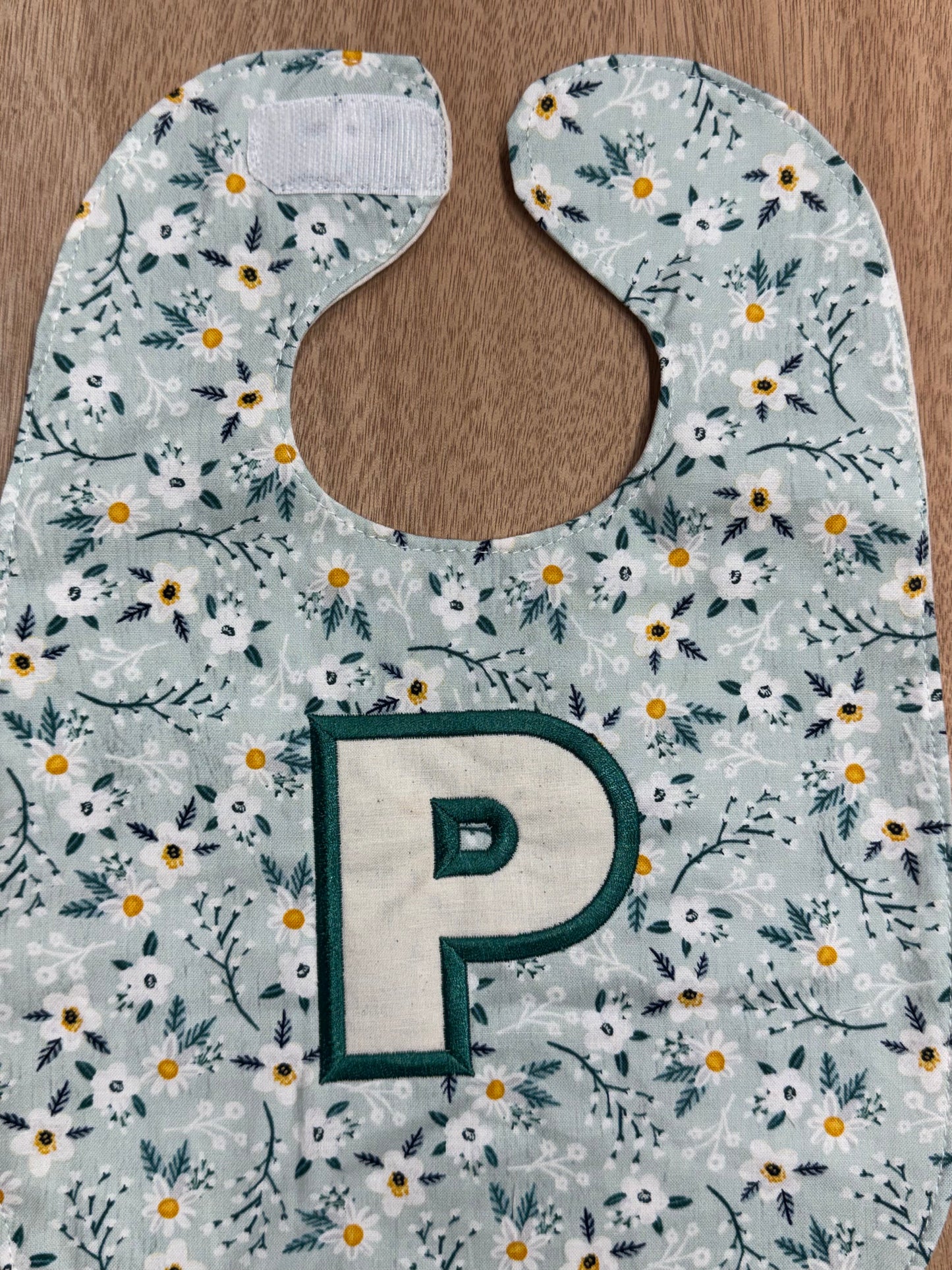 Personalized Appliqué Monogram Bib | Floral Fabric Baby Bib | Custom Name Baby Gift | 100% Cotton 9x13 Bib | Velcro Closure | Baby Shower Gift