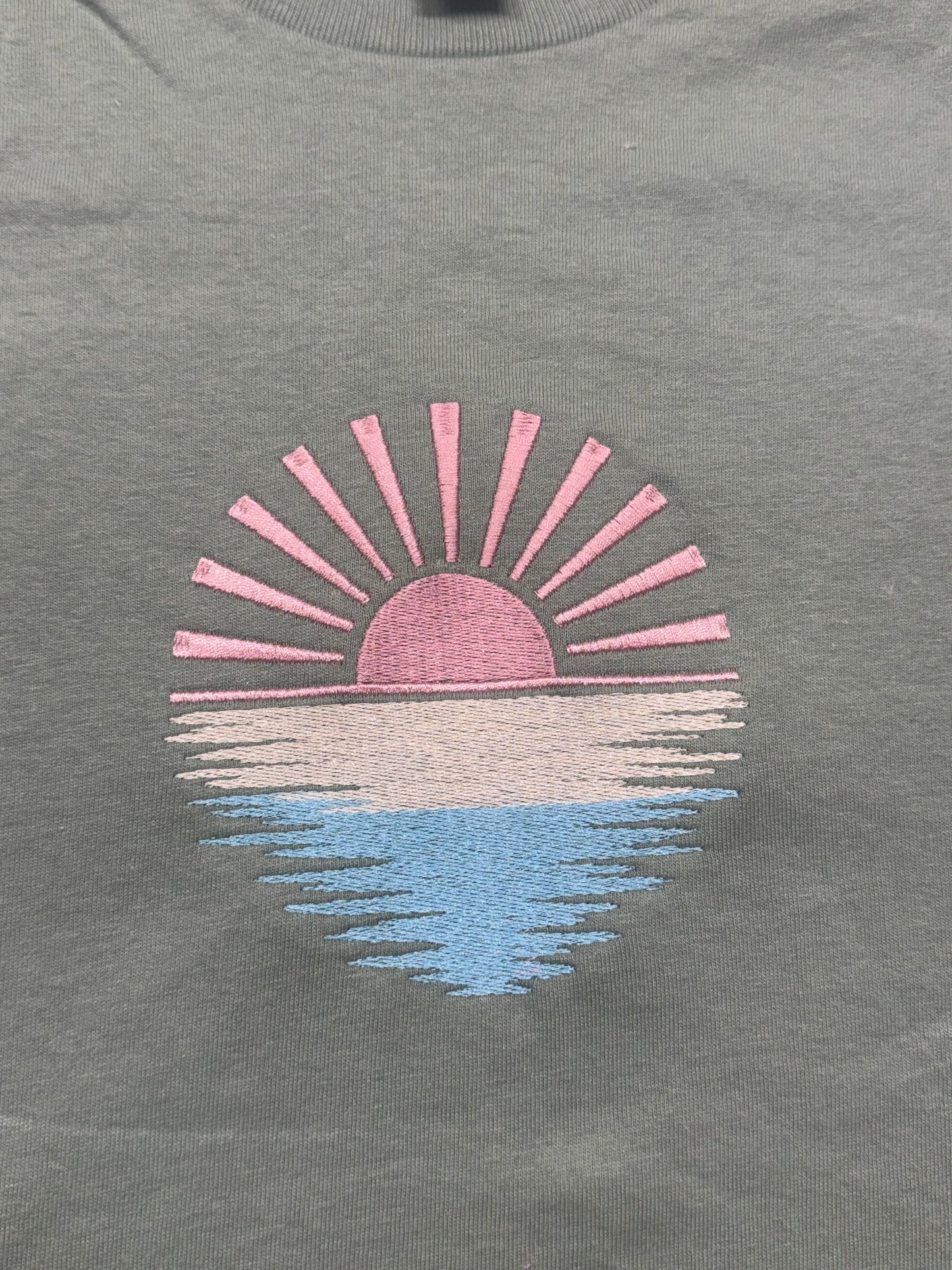 Embroidered Pastel Sunrise Shirt | Soft Green 100% Cotton Tee | Aesthetic Sunset Embroidery Top | Minimal Nature Shirt | Sizes S–2XL