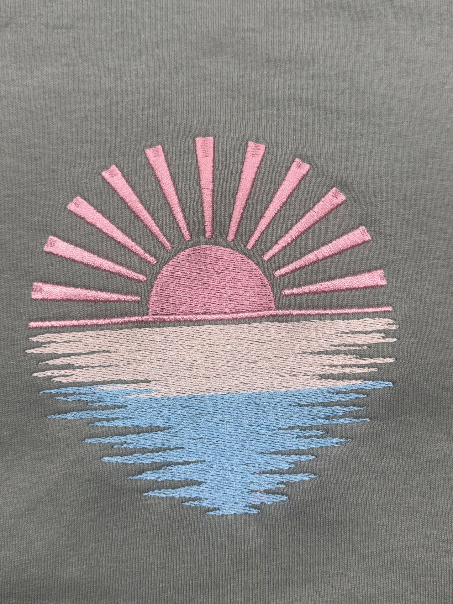 Embroidered Pastel Sunrise Shirt | Soft Green 100% Cotton Tee | Aesthetic Sunset Embroidery Top | Minimal Nature Shirt | Sizes S–2XL