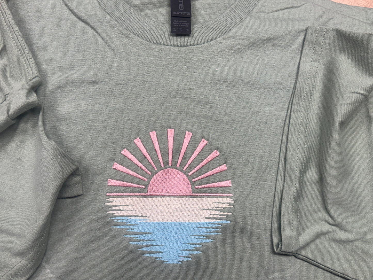 Embroidered Pastel Sunrise Shirt | Soft Green 100% Cotton Tee | Aesthetic Sunset Embroidery Top | Minimal Nature Shirt | Sizes S–2XL