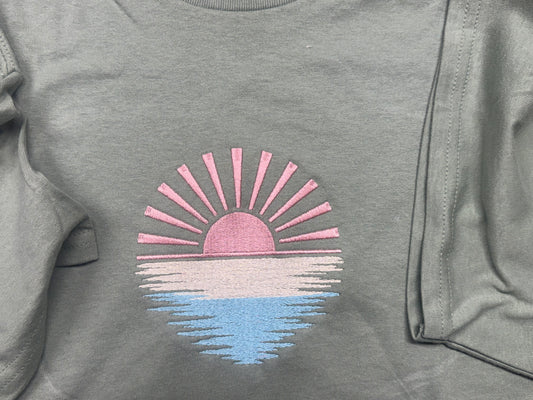 Embroidered Pastel Sunrise Shirt | Soft Green 100% Cotton Tee | Aesthetic Sunset Embroidery Top | Minimal Nature Shirt | Sizes S–2XL