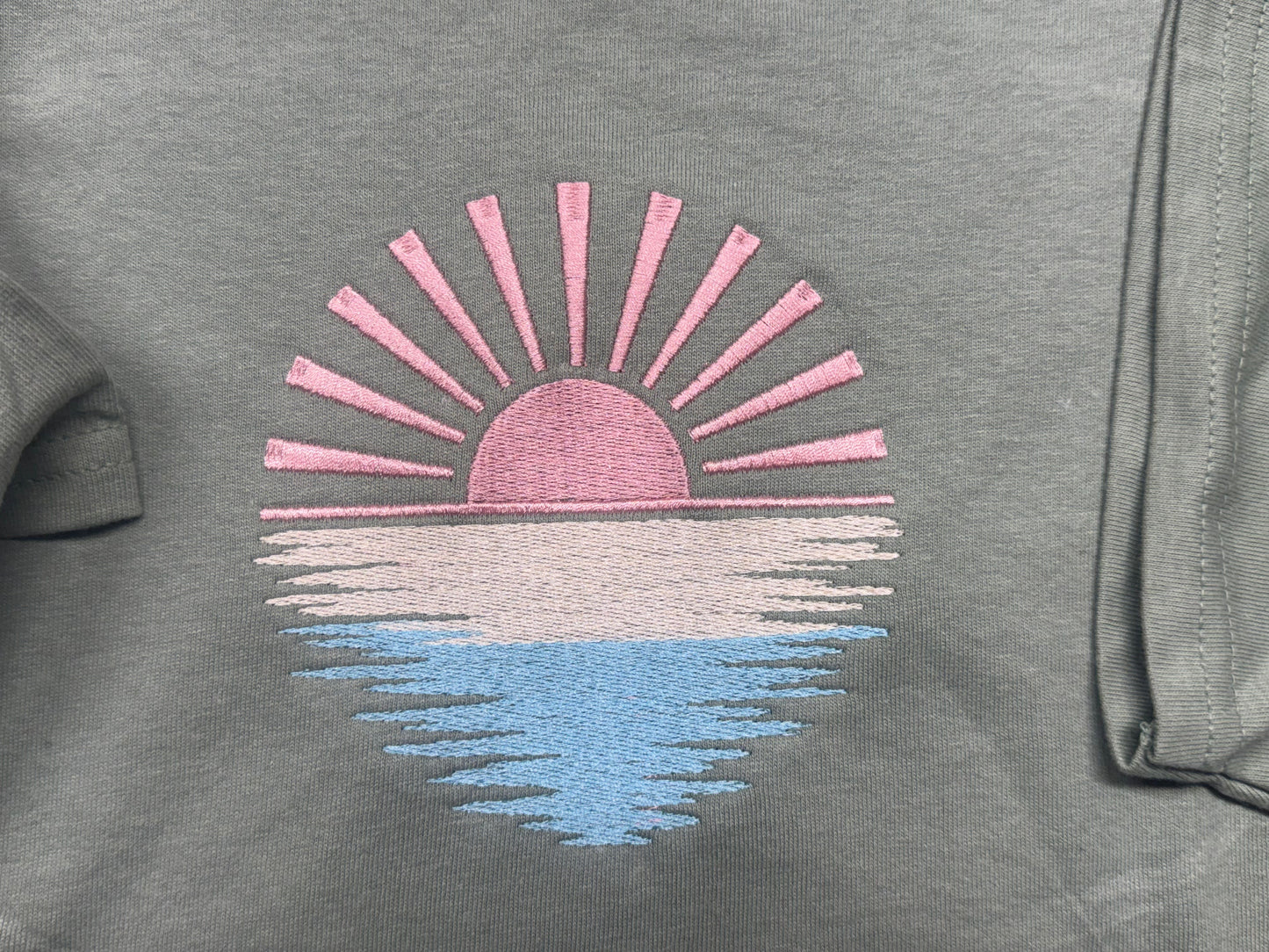 Embroidered Pastel Sunrise Shirt | Soft Green 100% Cotton Tee | Aesthetic Sunset Embroidery Top | Minimal Nature Shirt | Sizes S–2XL