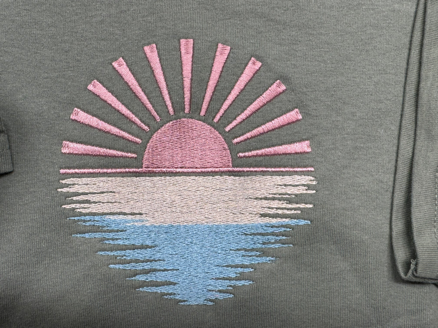 Embroidered Pastel Sunrise Shirt | Soft Green 100% Cotton Tee | Aesthetic Sunset Embroidery Top | Minimal Nature Shirt | Sizes S–2XL