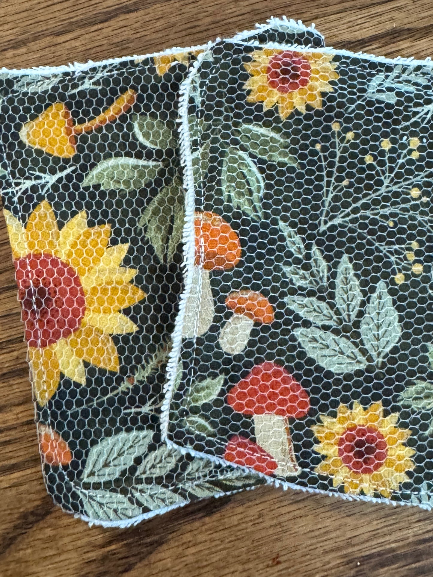 Sunflowers & Mushrooms | Reusable Dual-Sided Dish Scrubber Set | 2-Pack Cotton & Terry Dish Cloths with Scrubbing Mesh | Eco-Friendly Kitchen Cleaning Cloths