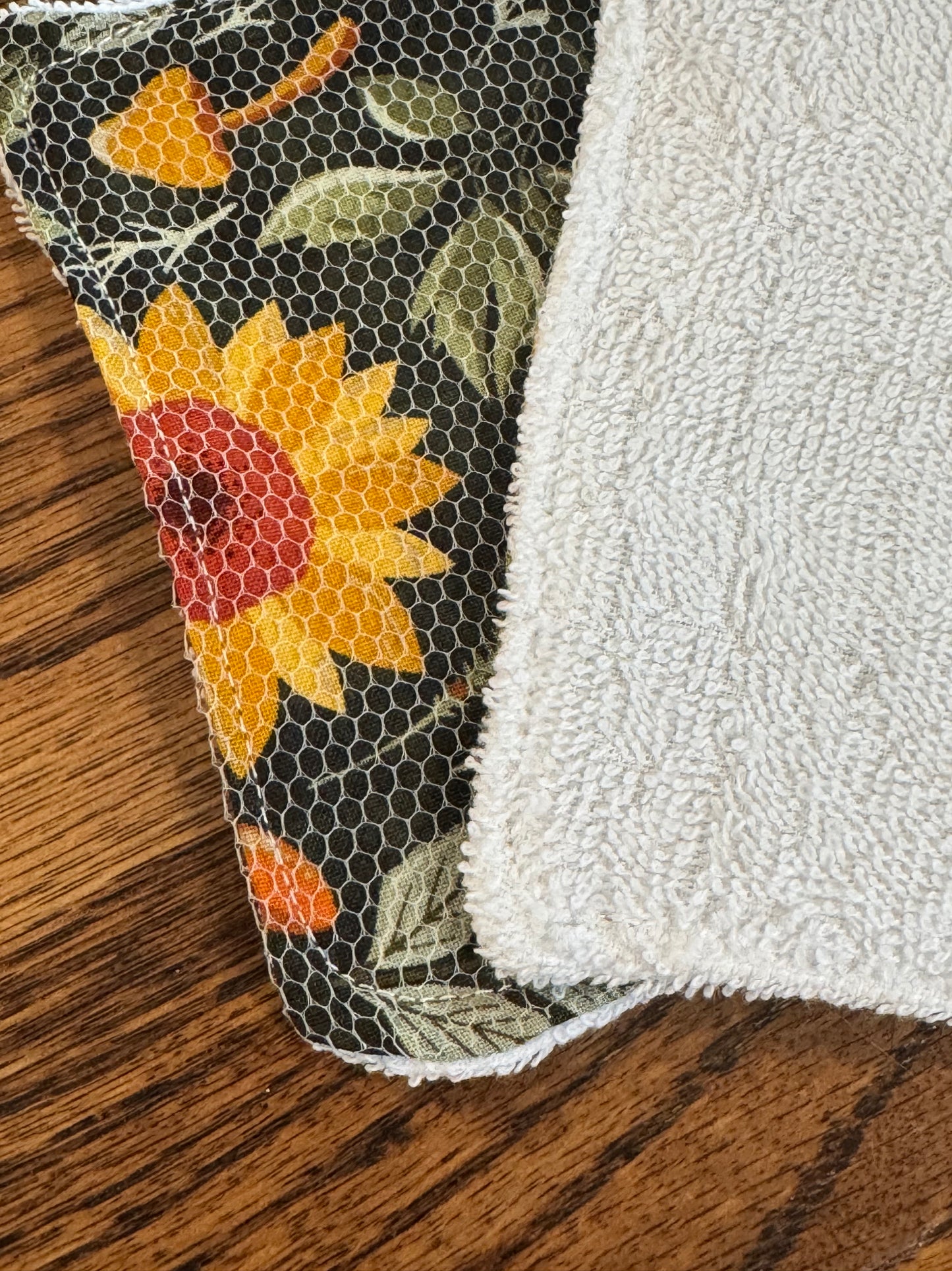 Sunflowers & Mushrooms | Reusable Dual-Sided Dish Scrubber Set | 2-Pack Cotton & Terry Dish Cloths with Scrubbing Mesh | Eco-Friendly Kitchen Cleaning Cloths
