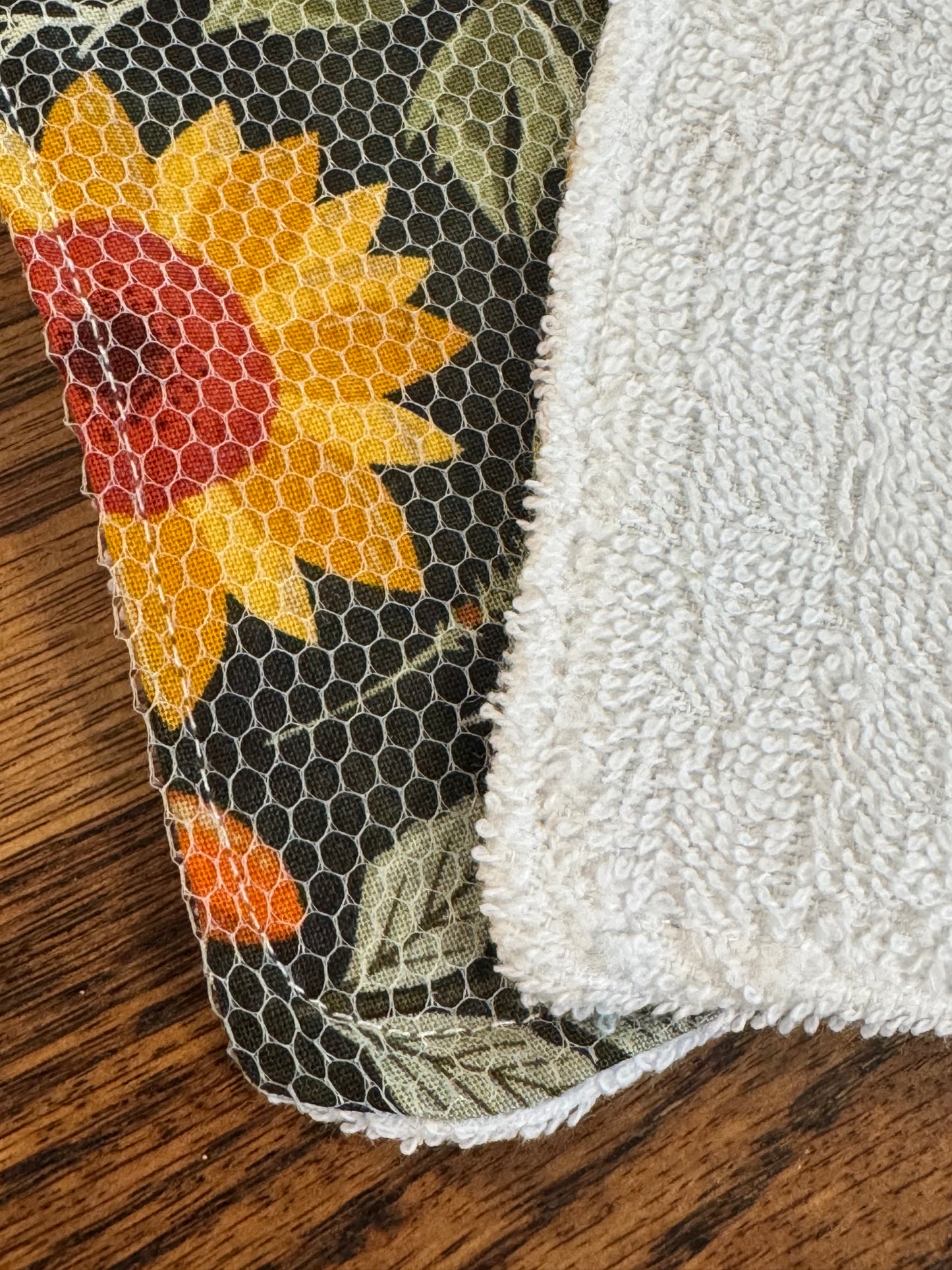 Sunflowers & Mushrooms | Reusable Dual-Sided Dish Scrubber Set | 2-Pack Cotton & Terry Dish Cloths with Scrubbing Mesh | Eco-Friendly Kitchen Cleaning Cloths