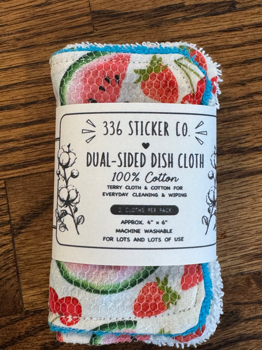 Watermelon | Reusable Dual-Sided Dish Scrubber Set | 2-Pack Cotton & Terry Dish Cloths with Scrubbing Mesh | Eco-Friendly Kitchen Cleaning Cloths