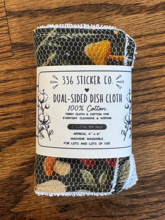 Sunflowers & Mushrooms | Reusable Dual-Sided Dish Scrubber Set | 2-Pack Cotton & Terry Dish Cloths with Scrubbing Mesh | Eco-Friendly Kitchen Cleaning Cloths
