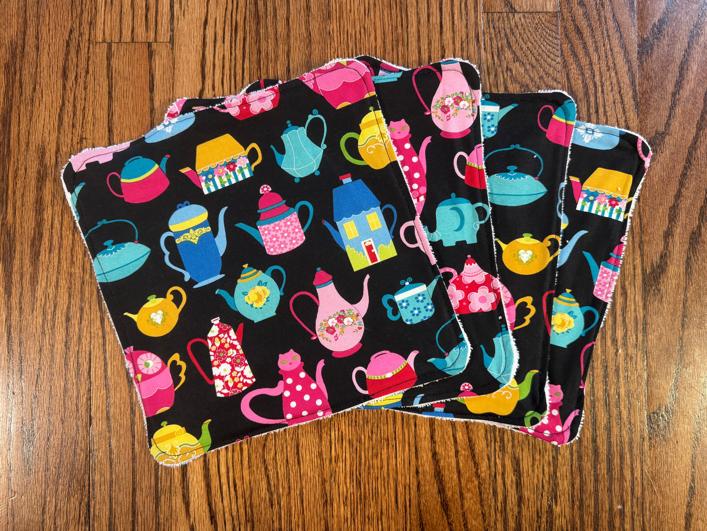 Tea Pots ~ Decorative Dishrags | 100% Cotton & Terry Cloth | Reusable Kitchen Cleaning Cloths | Set of 4 | 10" x 10"