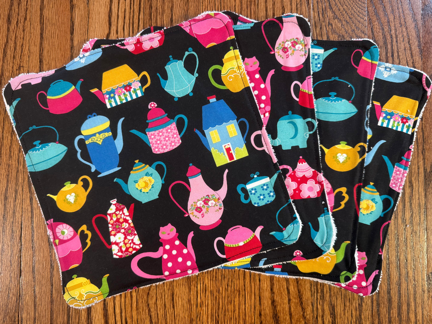 Tea Pots ~ Decorative Dishrags | 100% Cotton & Terry Cloth | Reusable Kitchen Cleaning Cloths | Set of 4 | 10" x 10"