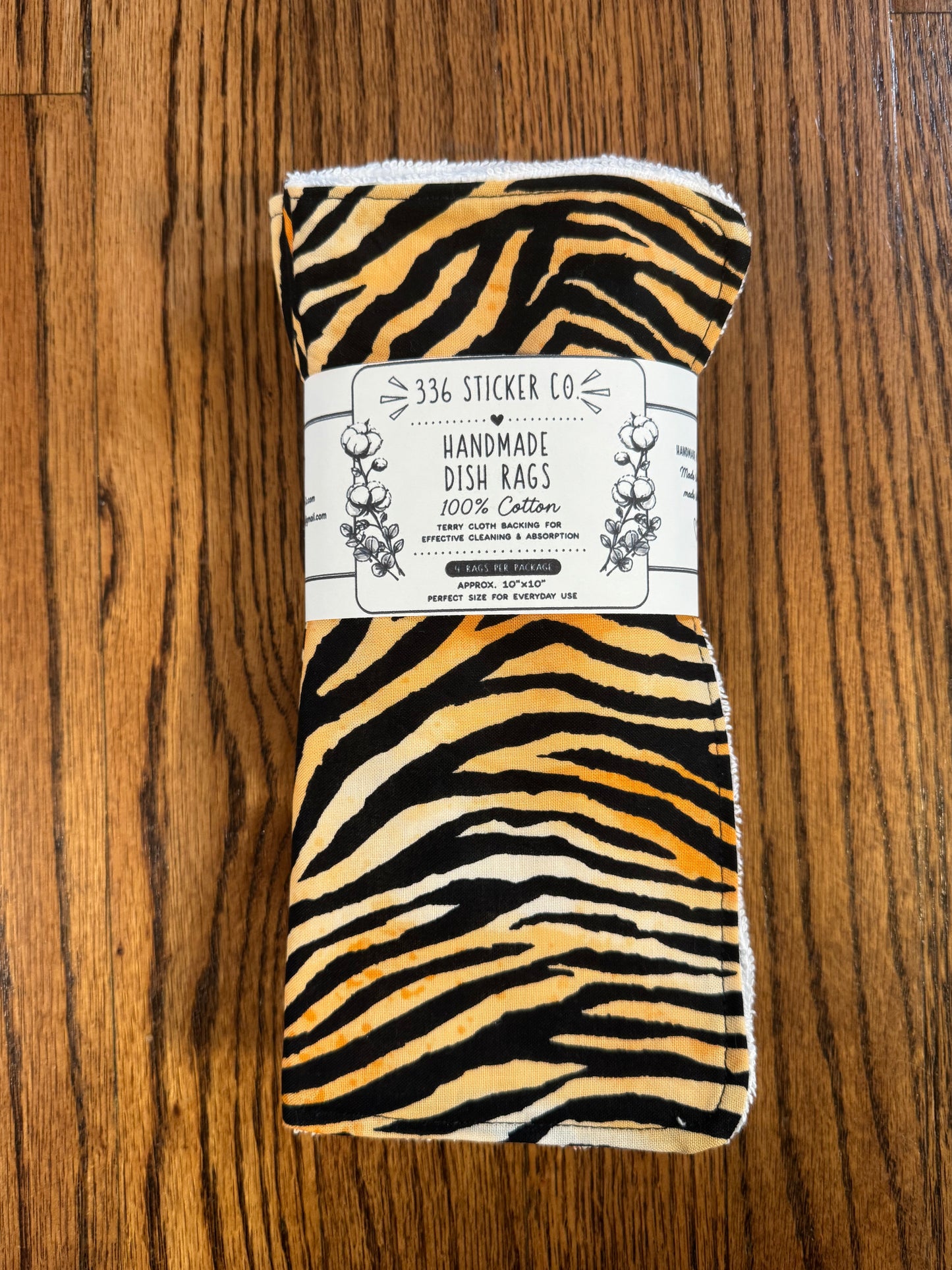 Tiger Print ~ Decorative Dishrags | 100% Cotton & Terry Cloth | Reusable Kitchen Cleaning Cloths | Set of 4 | 10" x 10"