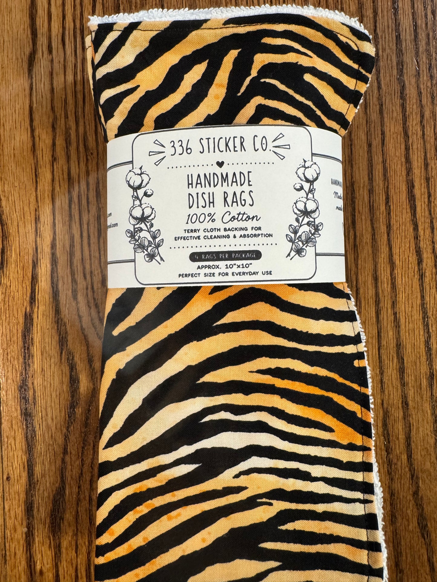 Tiger Print ~ Decorative Dishrags | 100% Cotton & Terry Cloth | Reusable Kitchen Cleaning Cloths | Set of 4 | 10" x 10"