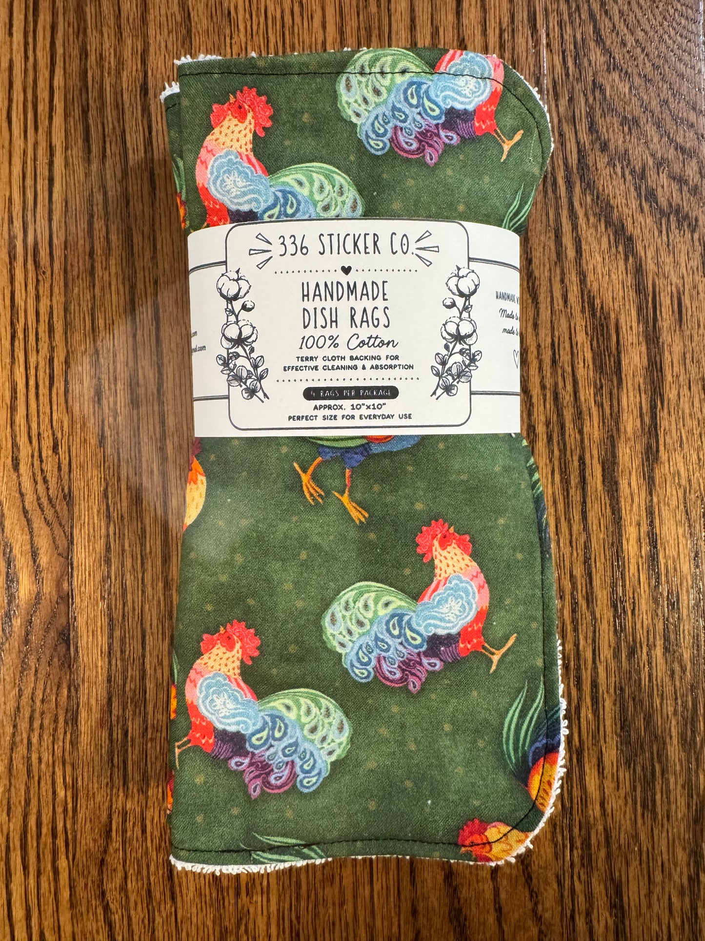 Rooster ~ Decorative Dishrags | 100% Cotton & Terry Cloth | Reusable Kitchen Cleaning Cloths | Set of 4 | 10" x 10"