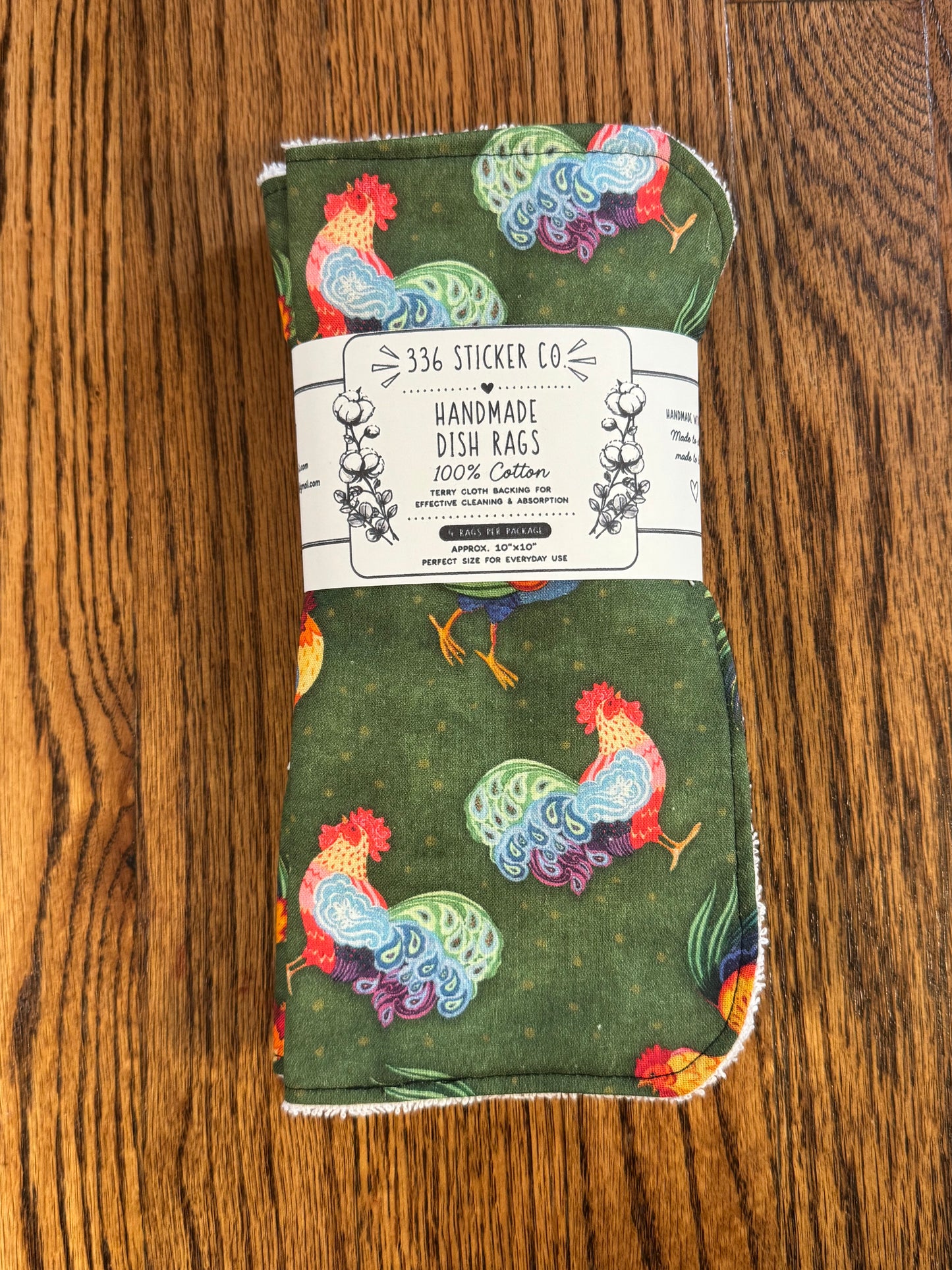 Rooster ~ Decorative Dishrags | 100% Cotton & Terry Cloth | Reusable Kitchen Cleaning Cloths | Set of 4 | 10" x 10"