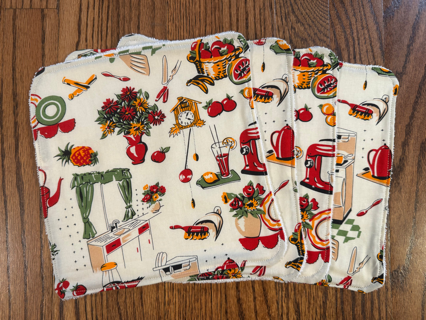Retro Kitchen ~ Decorative Dishrags | 100% Cotton & Terry Cloth | Reusable Kitchen Cleaning Cloths | Set of 4 | 10" x 10"