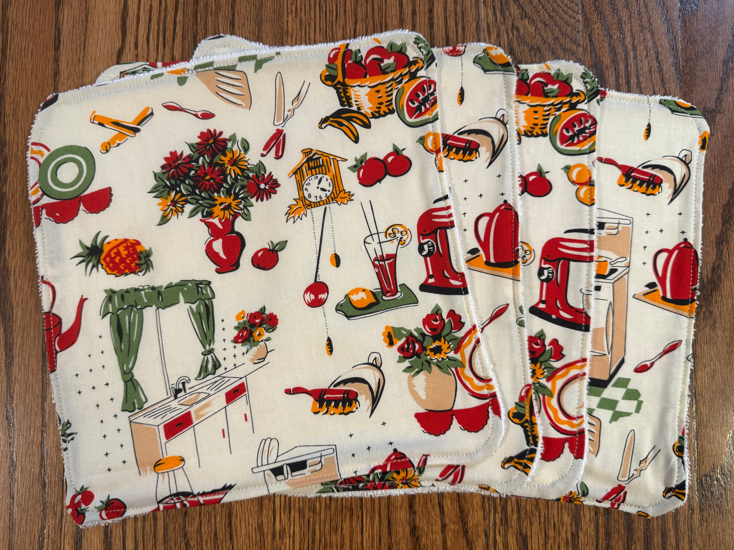 Retro Kitchen ~ Decorative Dishrags | 100% Cotton & Terry Cloth | Reusable Kitchen Cleaning Cloths | Set of 4 | 10" x 10"
