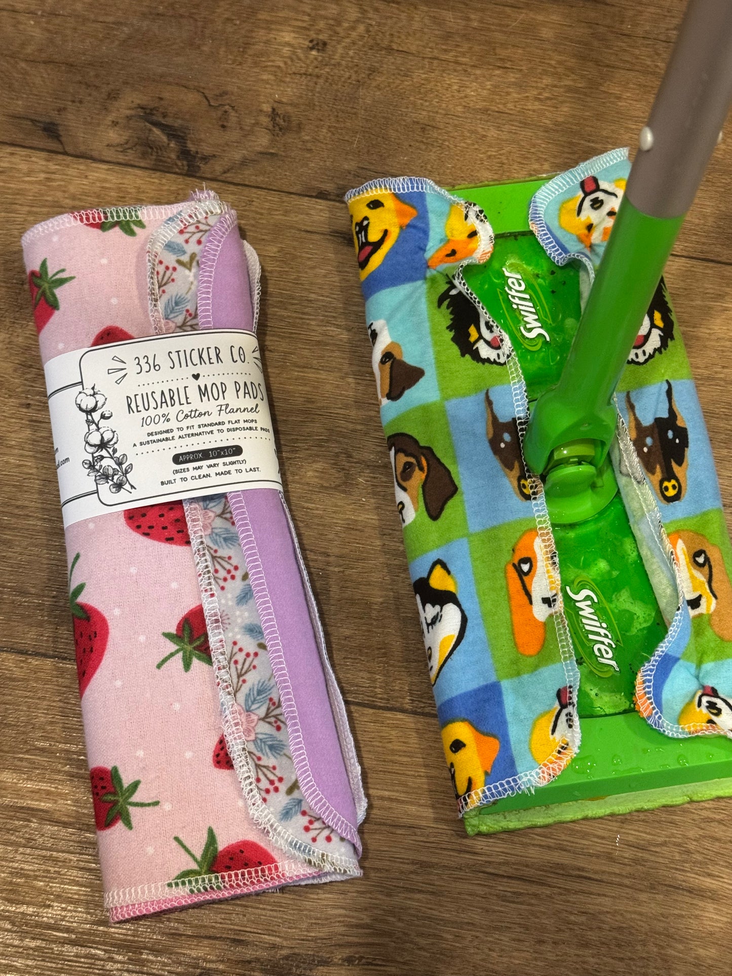 Strawberries ~ Reusable Mop Pads | 100% Cotton Flannel | Washable & Eco-Friendly | Set of 5 | Fits Swiffer-Style Mops