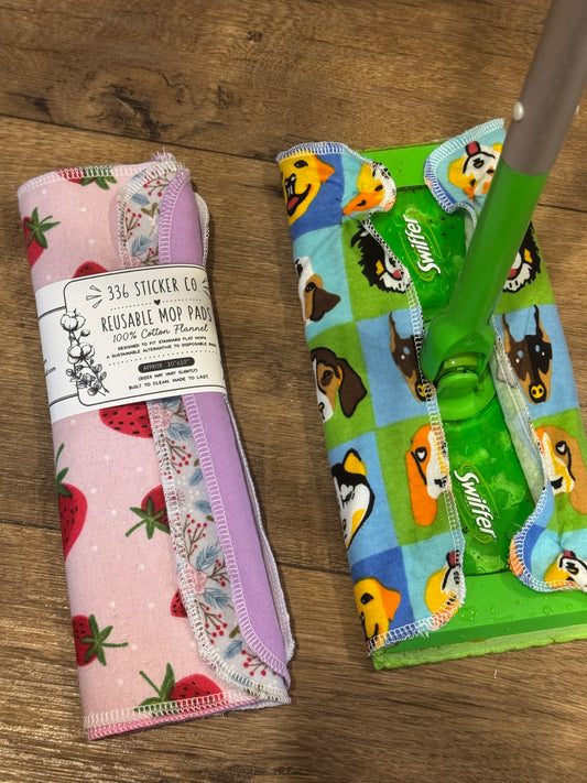 Strawberries ~ Reusable Mop Pads | 100% Cotton Flannel | Washable & Eco-Friendly | Set of 5 | Fits Swiffer-Style Mops