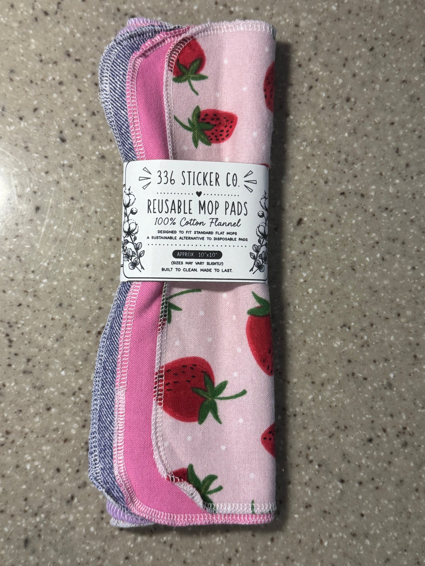 Strawberries ~ Reusable Mop Pads | 100% Cotton Flannel | Washable & Eco-Friendly | Set of 5 | Fits Swiffer-Style Mops