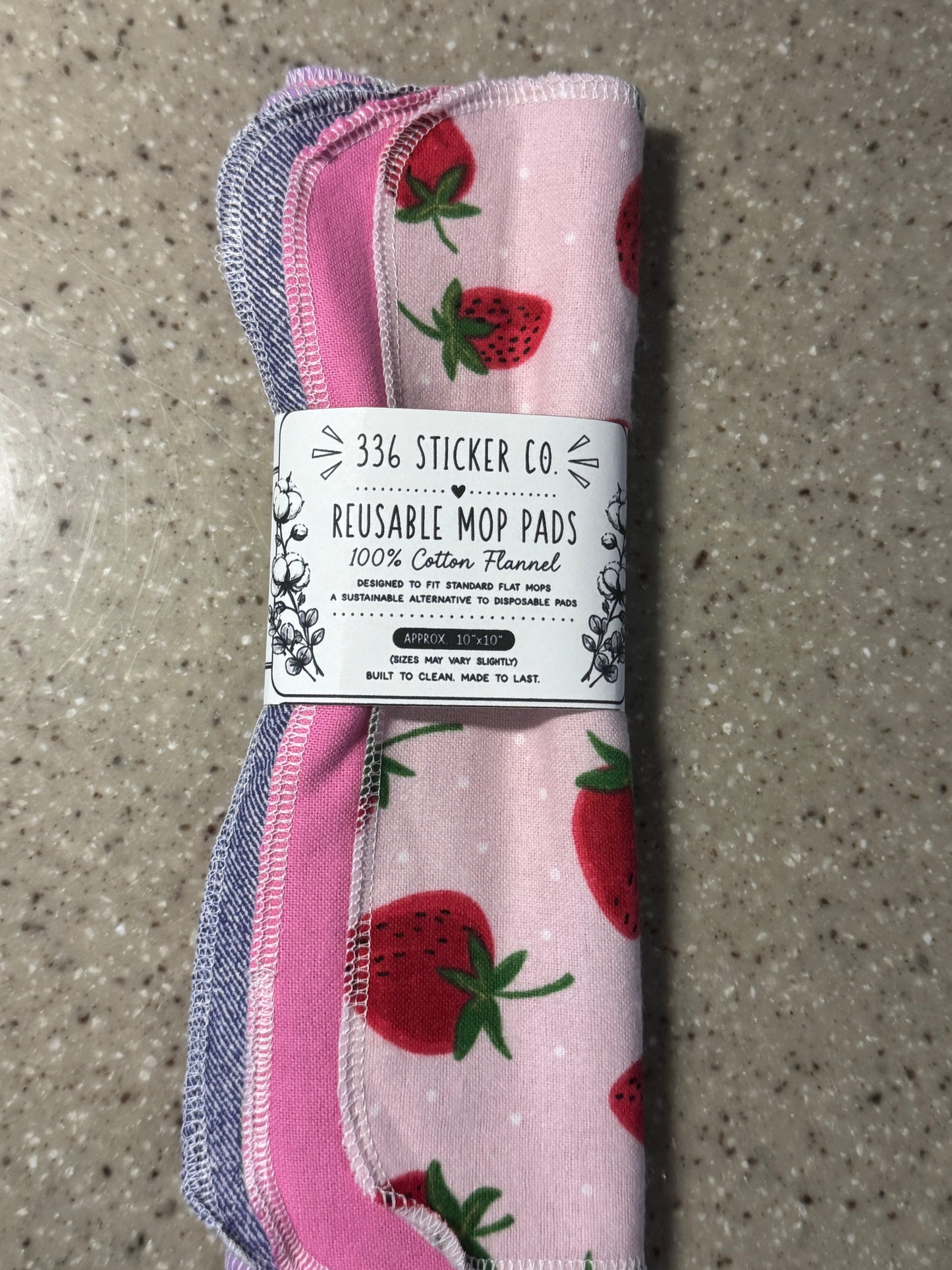 Strawberries ~ Reusable Mop Pads | 100% Cotton Flannel | Washable & Eco-Friendly | Set of 5 | Fits Swiffer-Style Mops