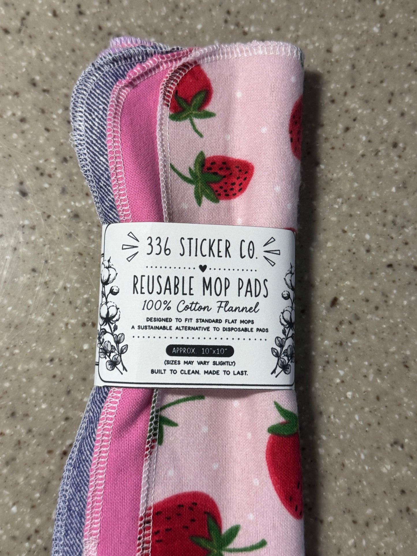 Strawberries ~ Reusable Mop Pads | 100% Cotton Flannel | Washable & Eco-Friendly | Set of 5 | Fits Swiffer-Style Mops