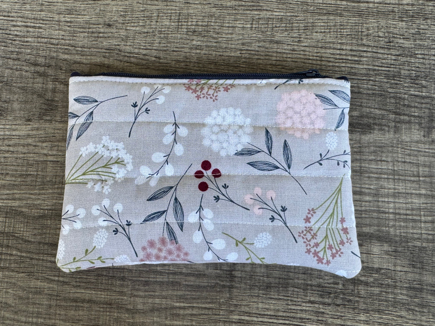 Grey Flower ~ Quilted Zipper Wallet | Padded 100% Cotton Coin Purse | 6.5" x 4" Handmade Zipper Pouch
