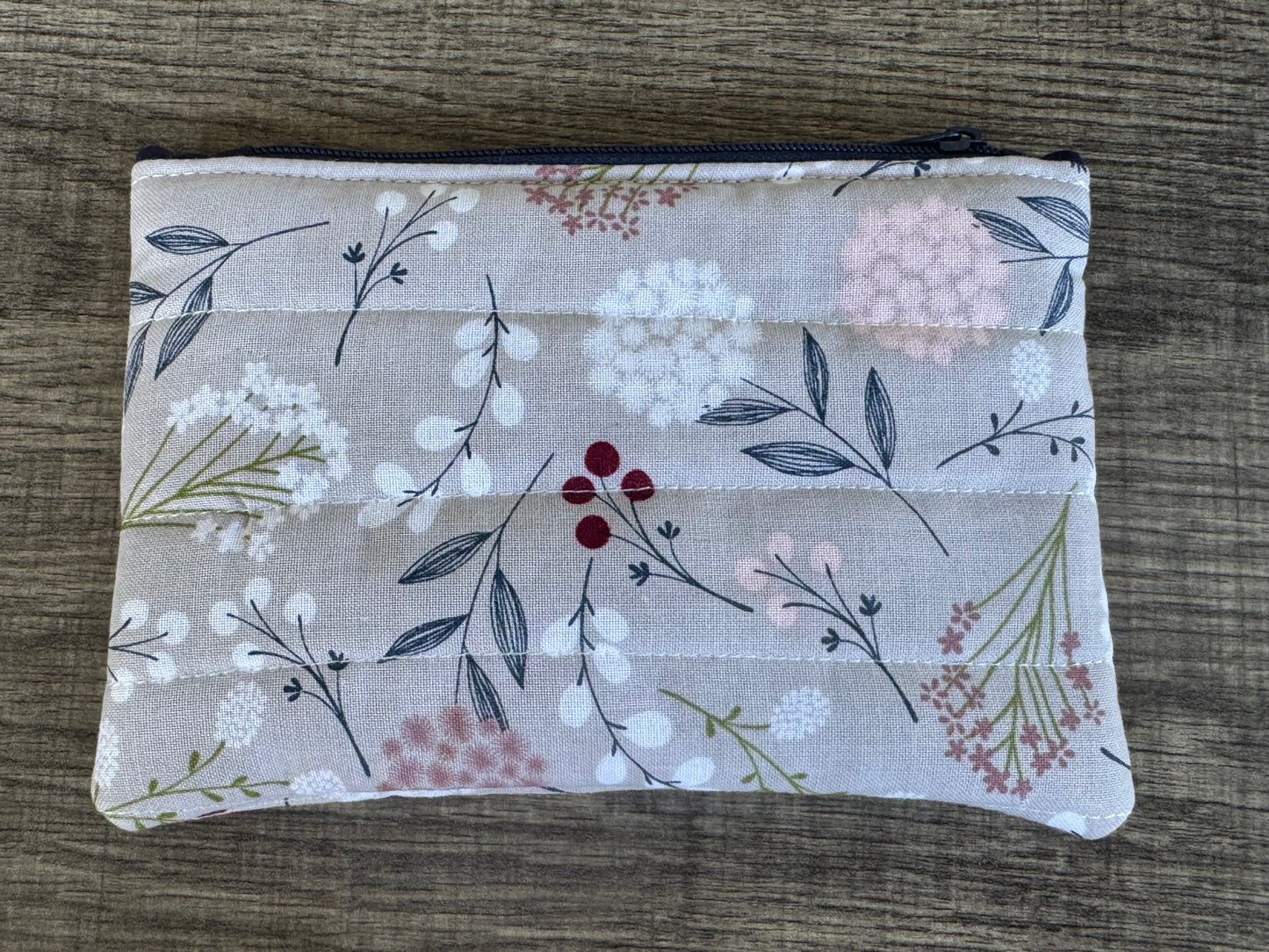 Grey Flower ~ Quilted Zipper Wallet | Padded 100% Cotton Coin Purse | 6.5" x 4" Handmade Zipper Pouch