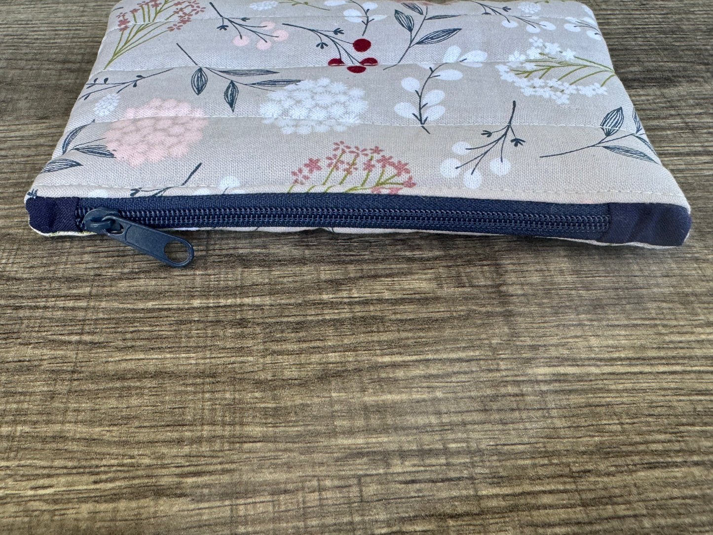 Grey Flower ~ Quilted Zipper Wallet | Padded 100% Cotton Coin Purse | 6.5" x 4" Handmade Zipper Pouch