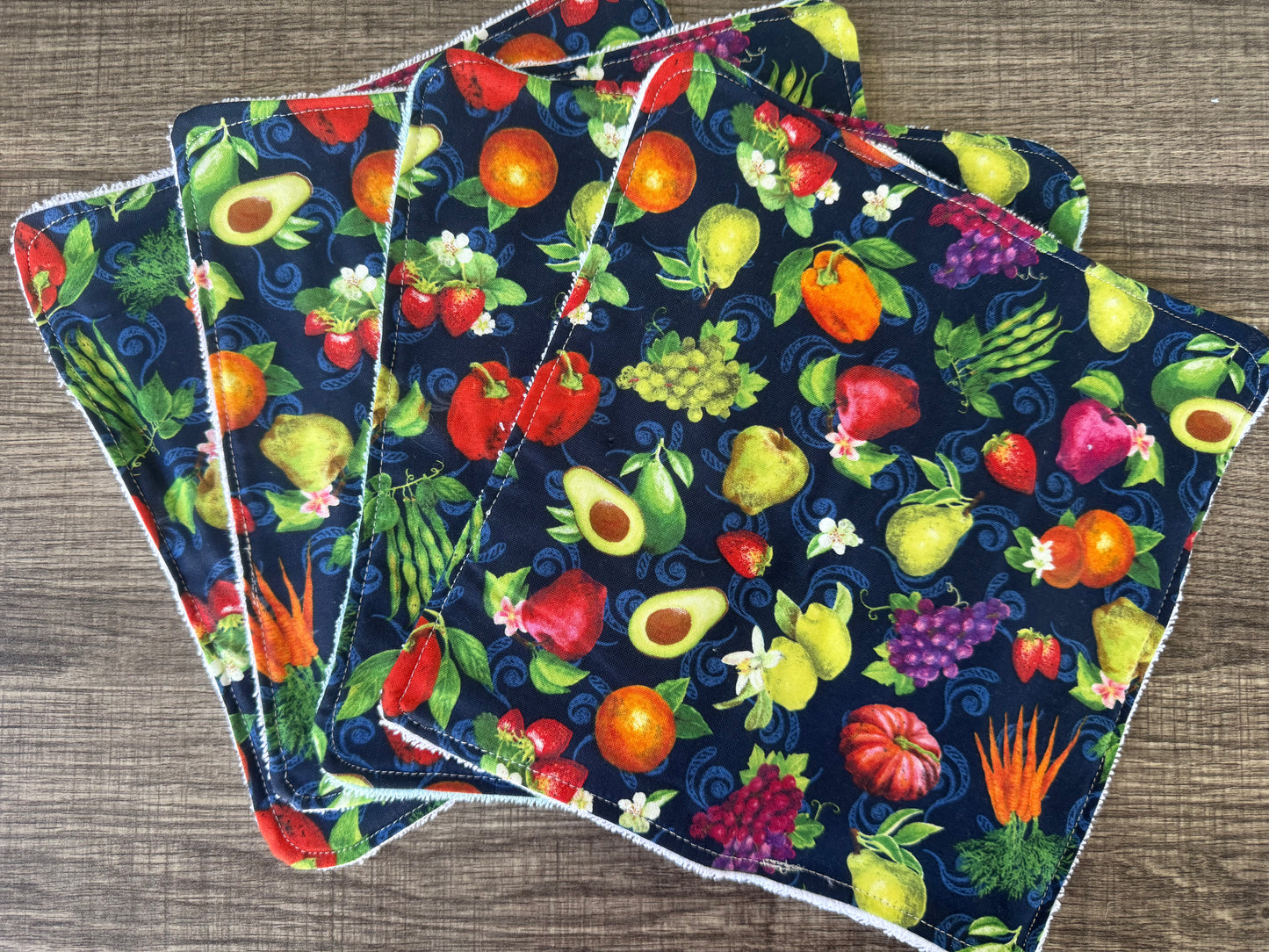Vegetables Navy ~ Decorative Dishrags | 100% Cotton & Terry Cloth | Reusable Kitchen Cleaning Cloths | Set of 4 | 10" x 10"