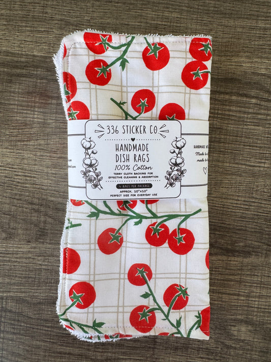 Tomatoes ~ Decorative Dishrags | 100% Cotton & Terry Cloth | Reusable Kitchen Cleaning Cloths | Set of 4 | 10" x 10"