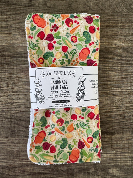 Vegetables ~ Decorative Dishrags | 100% Cotton & Terry Cloth | Reusable Kitchen Cleaning Cloths | Set of 4 | 10" x 10"