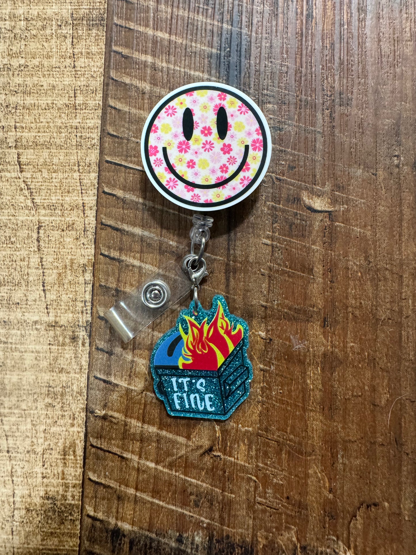 "Everything is Fine" Dumpster Fire Badge Reel Charm - Funny Nurse & Healthcare Professional Flair - Sarcastic Medical ID Accessory - Chaos Coordinator Gift