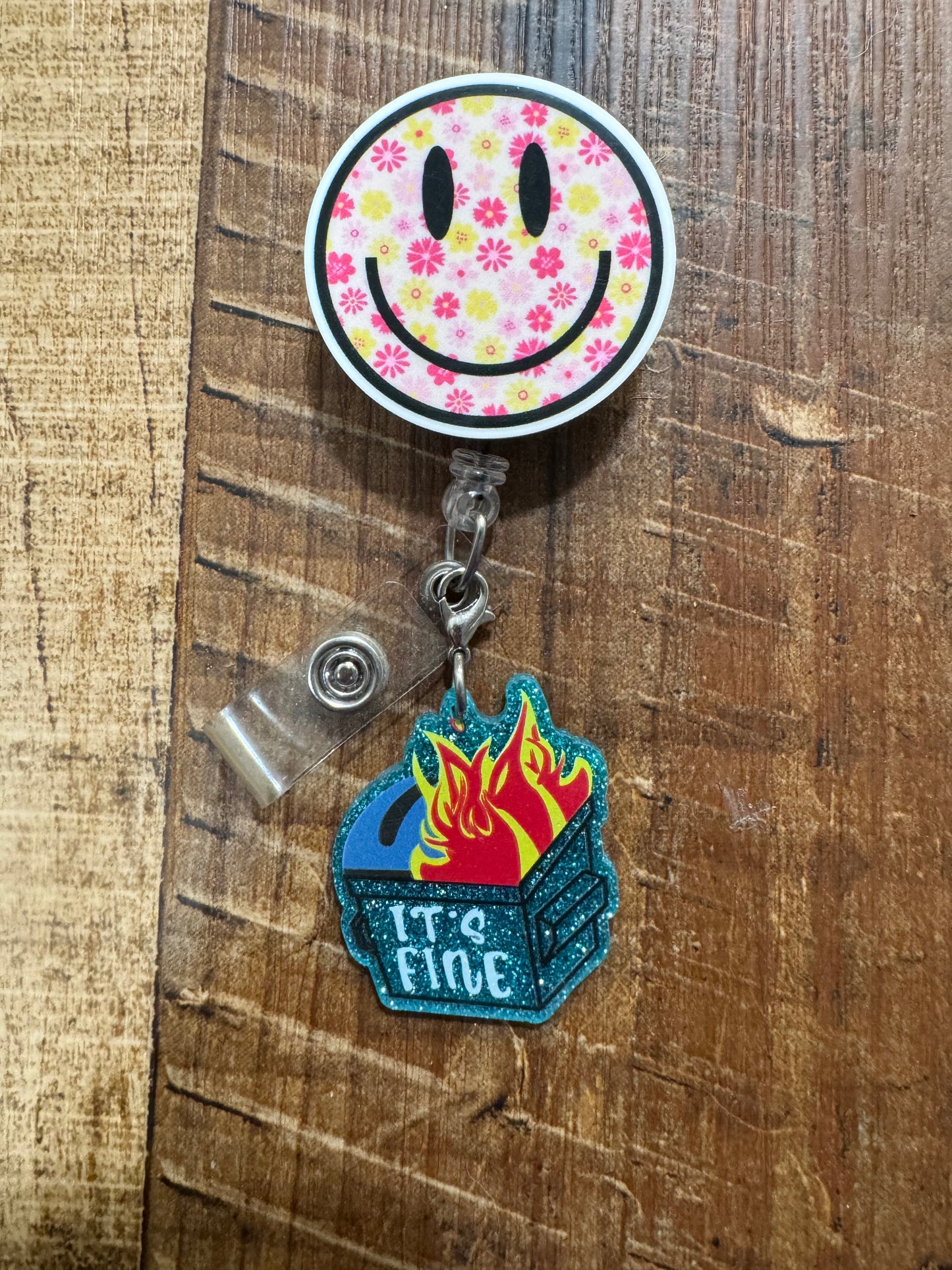 "Everything is Fine" Dumpster Fire Badge Reel Charm - Funny Nurse & Healthcare Professional Flair - Sarcastic Medical ID Accessory - Chaos Coordinator Gift