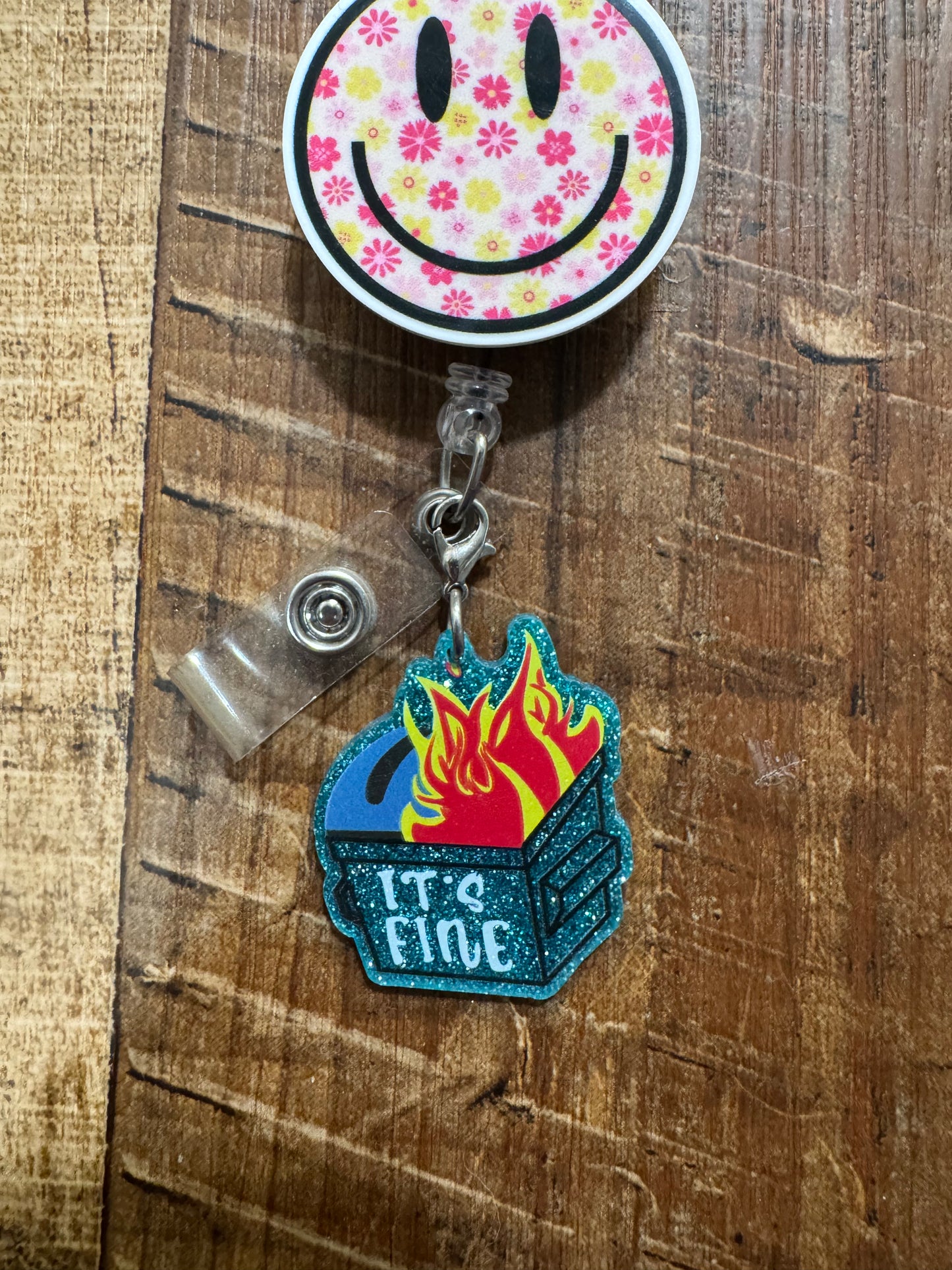 "Everything is Fine" Dumpster Fire Badge Reel Charm - Funny Nurse & Healthcare Professional Flair - Sarcastic Medical ID Accessory - Chaos Coordinator Gift