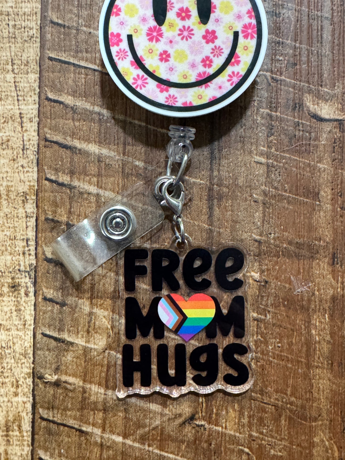 "Safe Space" Mom Hugs ID Badge Charm - Inclusive Ally Accessory for Nurses & Teachers - LGBTQ+ Support Badge Flair - Kind & Welcoming Work Jewelry