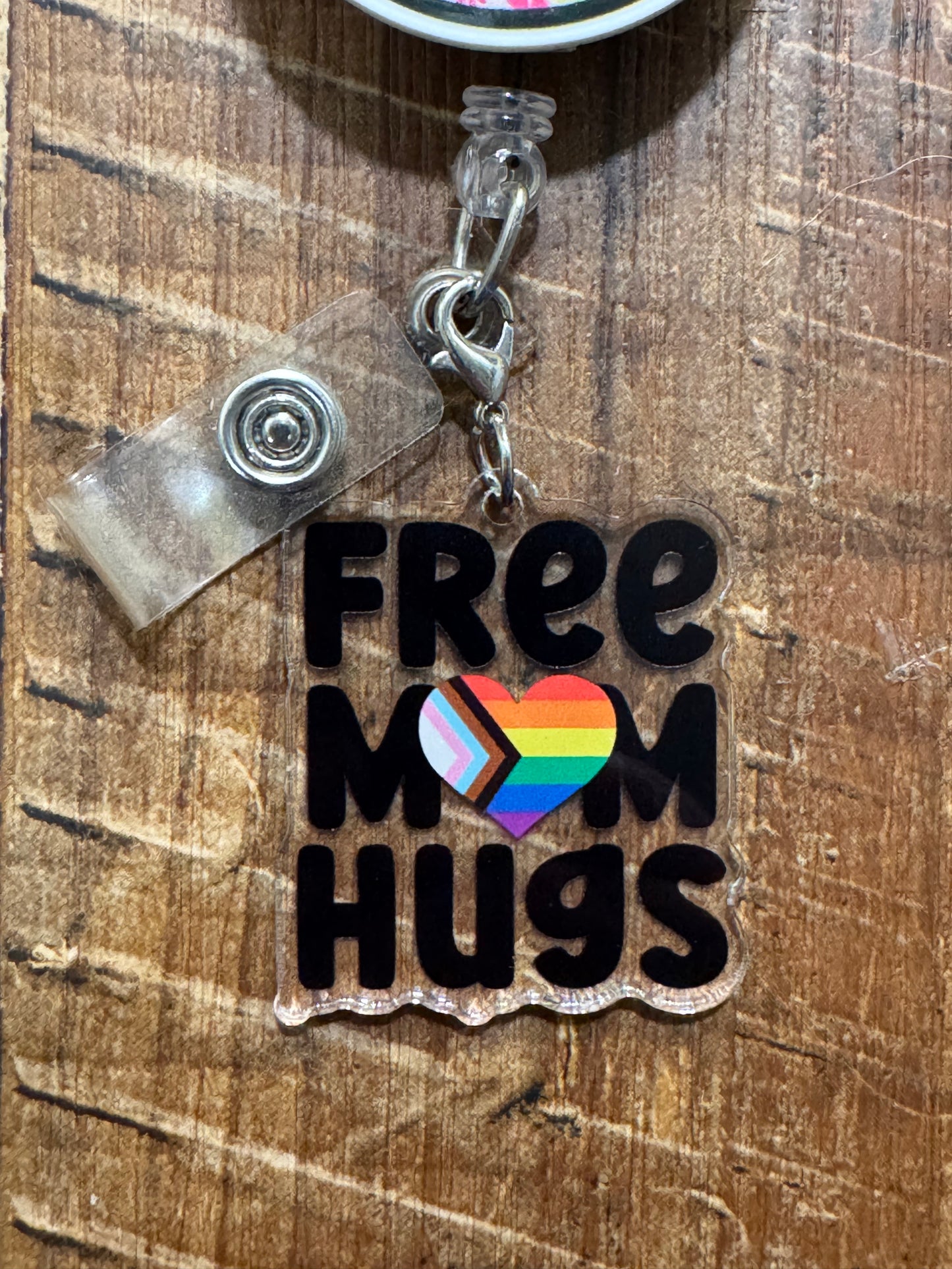 "Safe Space" Mom Hugs ID Badge Charm - Inclusive Ally Accessory for Nurses & Teachers - LGBTQ+ Support Badge Flair - Kind & Welcoming Work Jewelry
