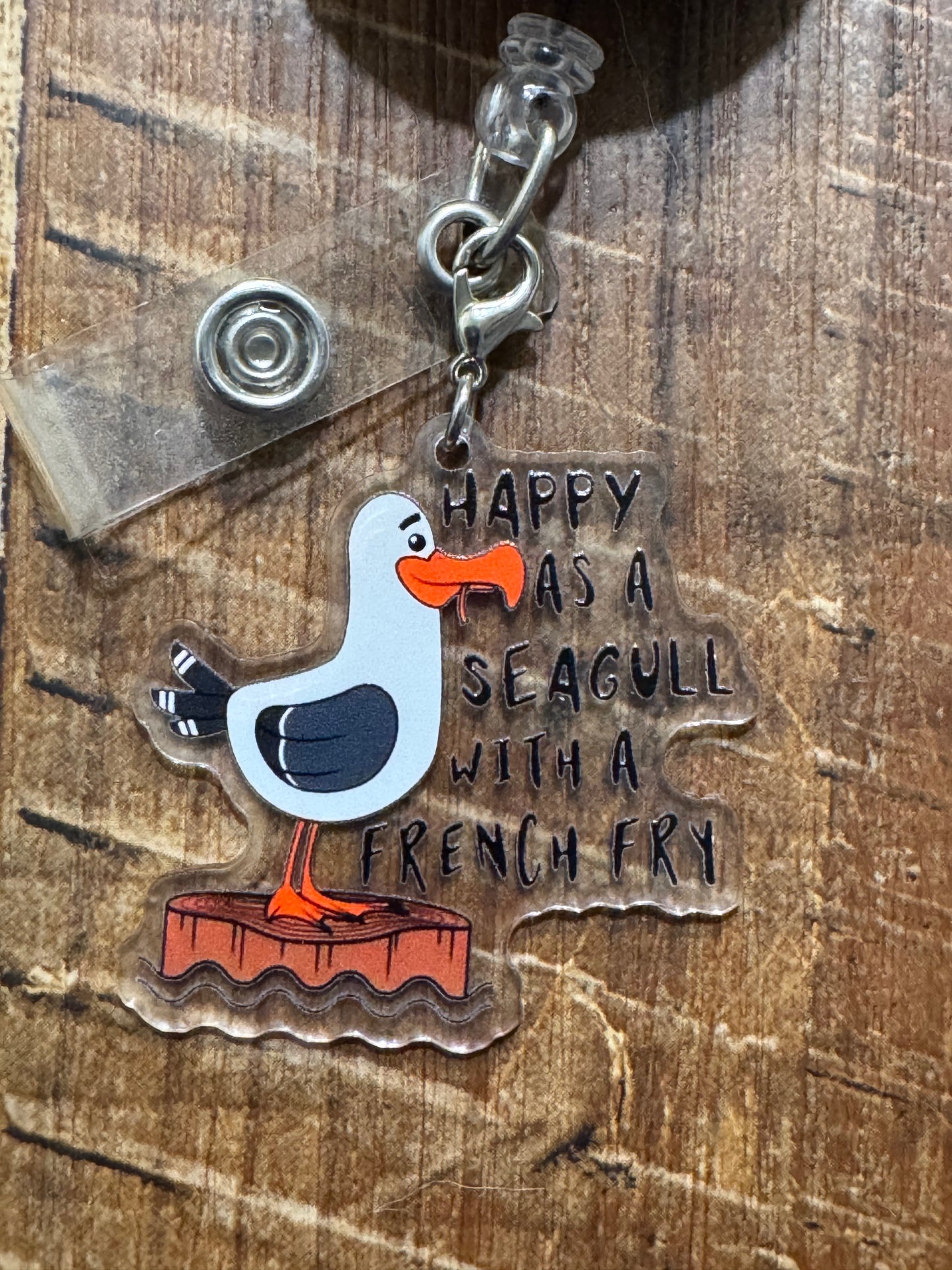 "Current Mood" Seagull with French Fry Badge Charm - Funny Beach Bird ID Flair - Relatable Office Humor Accessory - Happy Seagull Lanyard Decor