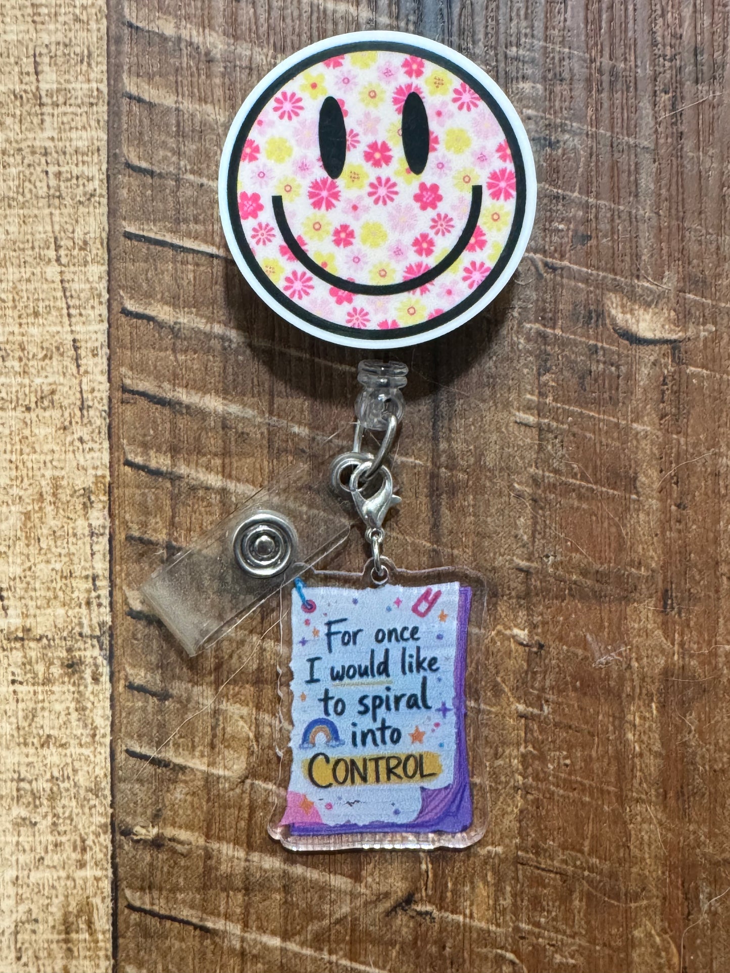 "Spiral into Control" ID Badge Charm - Funny Mental Health Awareness Gift - Relatable Self-Care Badge Flair - Encouragement Jewelry for Overwhelmed Professionals