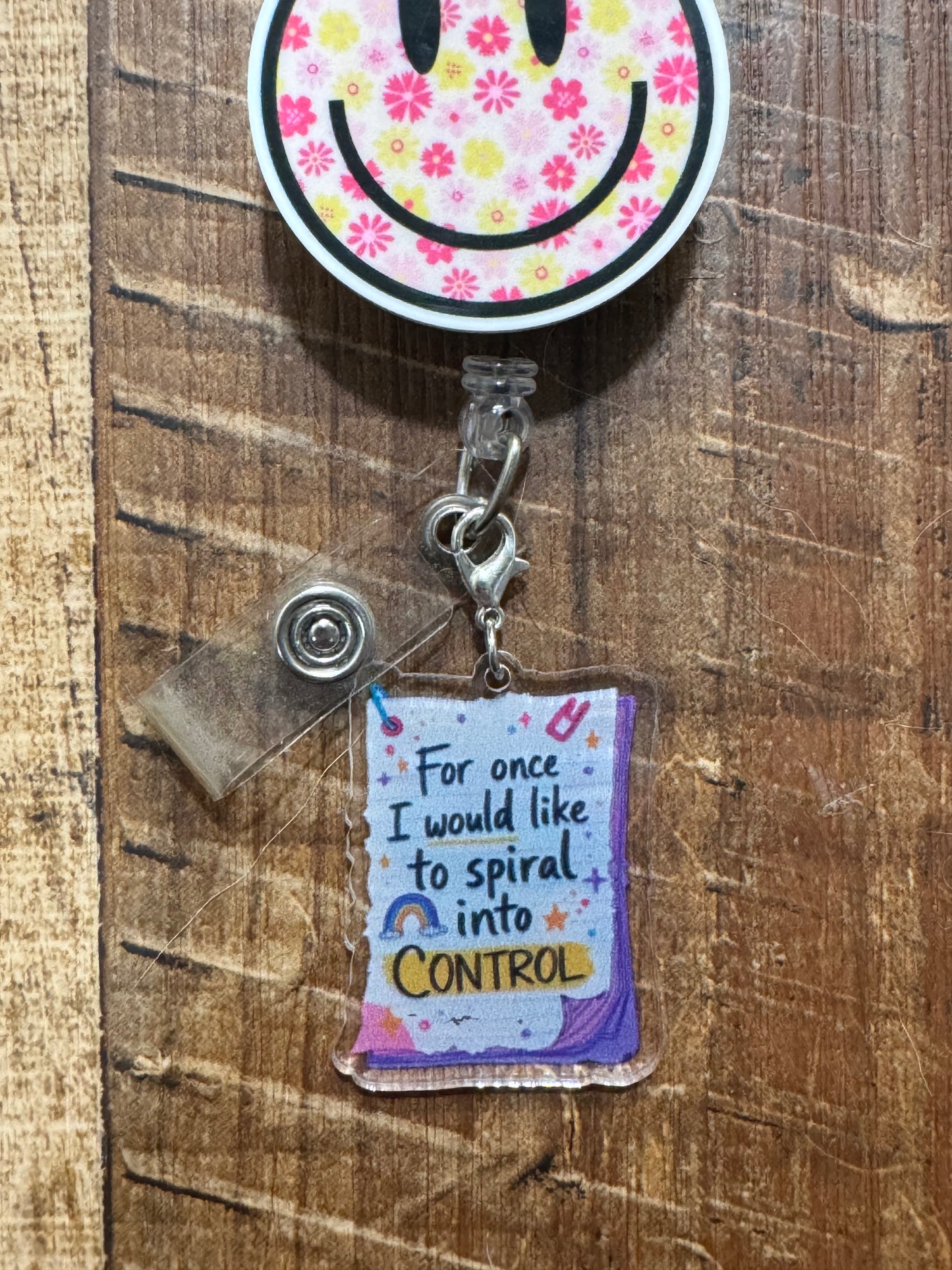 "Spiral into Control" ID Badge Charm - Funny Mental Health Awareness Gift - Relatable Self-Care Badge Flair - Encouragement Jewelry for Overwhelmed Professionals
