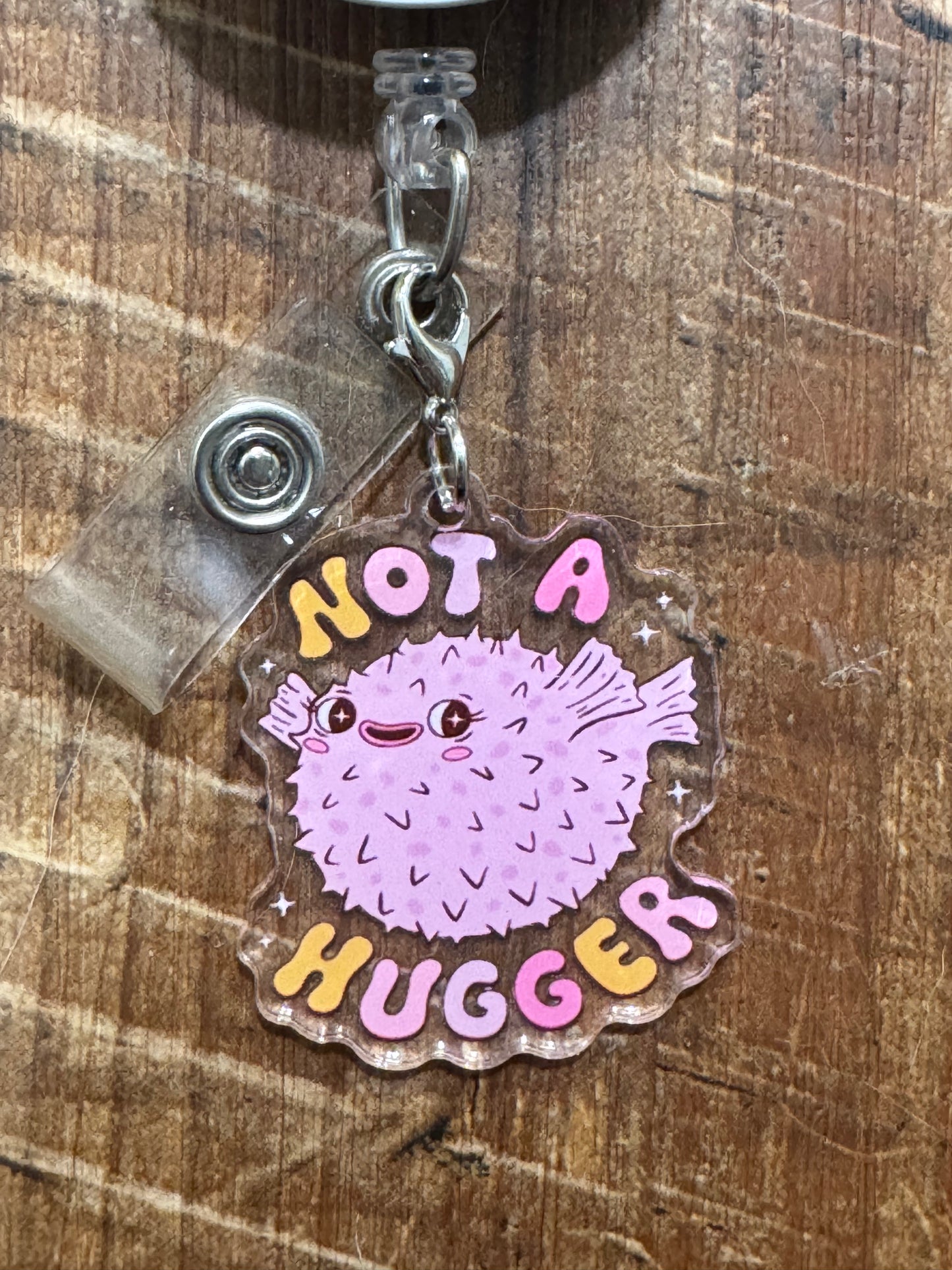 "Not a Hugger" Puffer Fish Badge Charm - Funny Introvert ID Flair - Personal Space Warning Accessory - Sarcastic Mental Health Gift for Coworkers