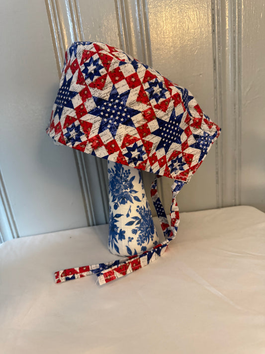 American Patchwork Quilt Printed Scrub Cap – Fun Tie-Back Surgical Hat – Adjustable Tie - Back Surgical Hat - Scrub Cap