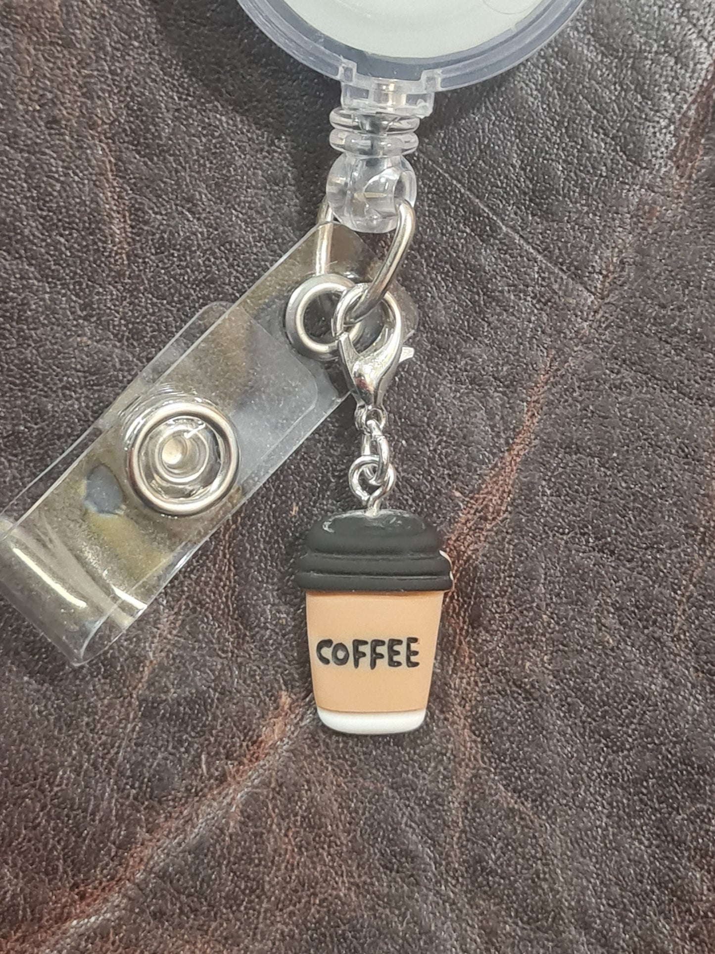 Coffee Cup in Sleeve ~ ID Badge Reel Charm ~ Custom Made Charms ~ Badge Buddy ~ Badge Accessories