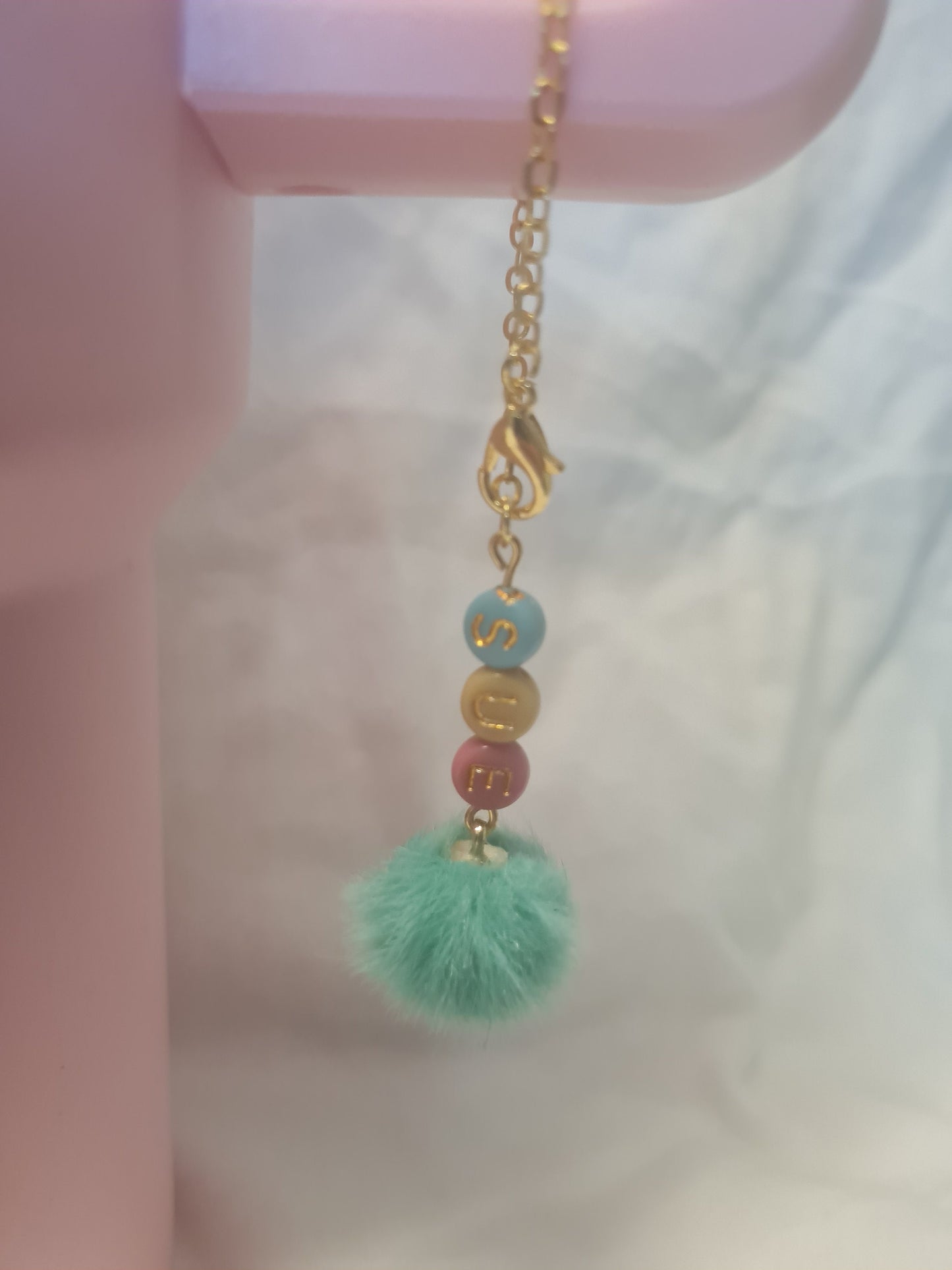 Personalized Tumbler Charm with Pompom ~ Stanley Cup Charm ~ Custom Made Charms ~ Cup Handle Charm ~ Cup Accessory