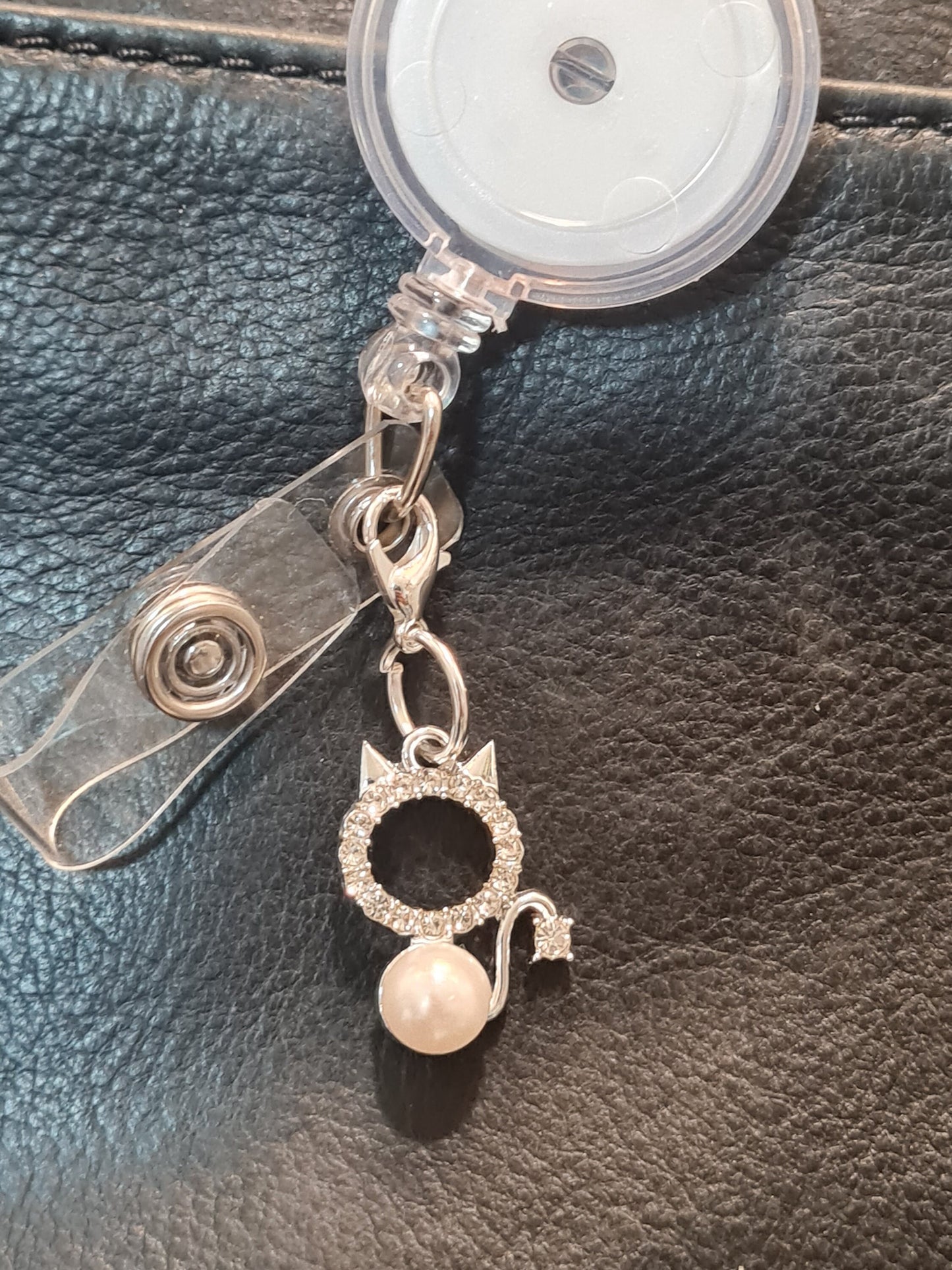 Sparkling Cat with Pearl~ ID Badge Reel Charm ~ Custom Made Charms ~ Badge Buddy ~ Badge Accessories