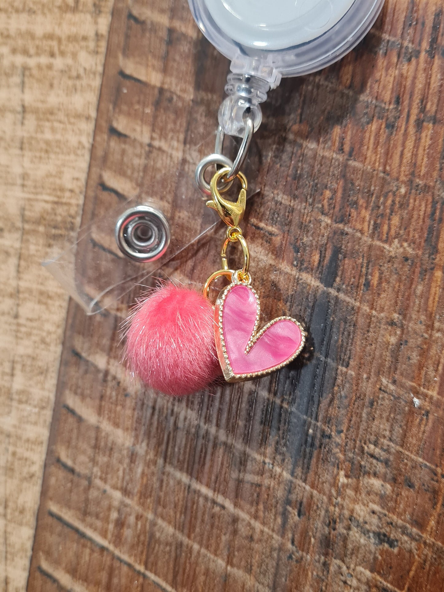 Heart with Pom Pom ~ ID Badge Reel Charm ~ Custom Made Charms ~ Badge Buddy ~ Badge Accessories