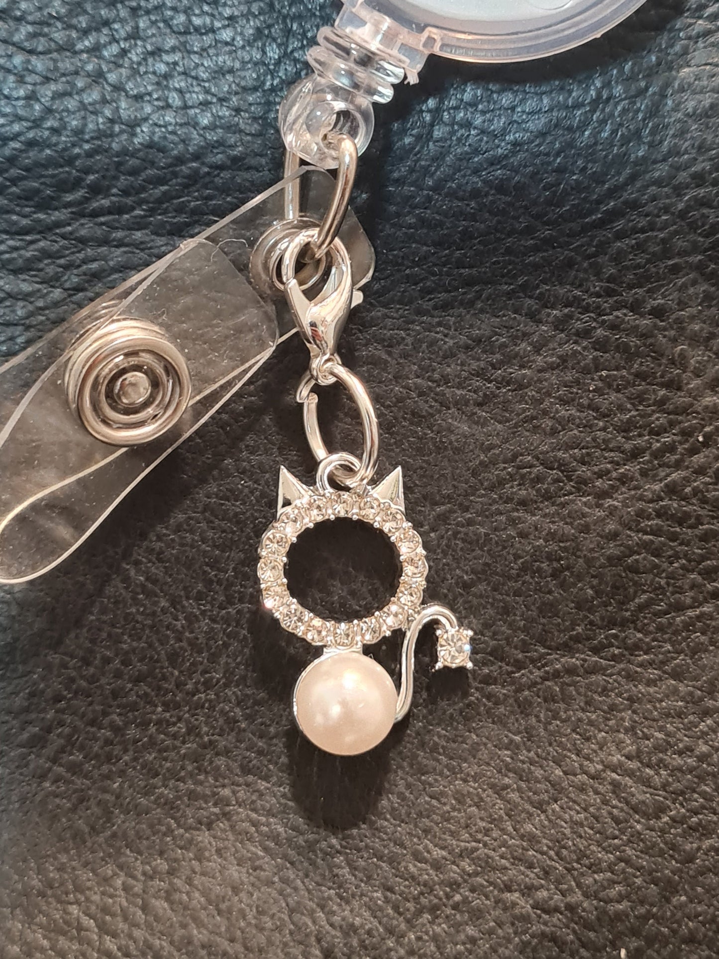 Sparkling Cat with Pearl~ ID Badge Reel Charm ~ Custom Made Charms ~ Badge Buddy ~ Badge Accessories