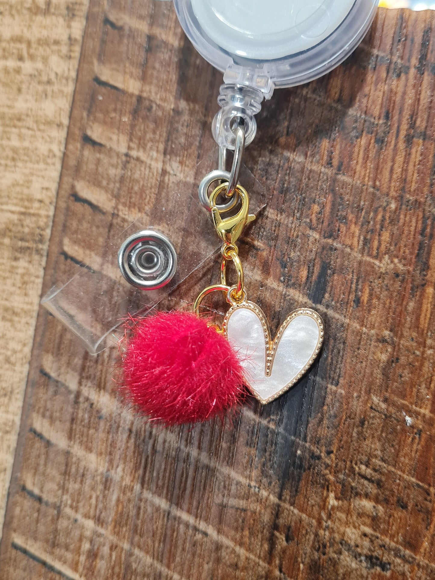 Heart with Pom Pom ~ ID Badge Reel Charm ~ Custom Made Charms ~ Badge Buddy ~ Badge Accessories