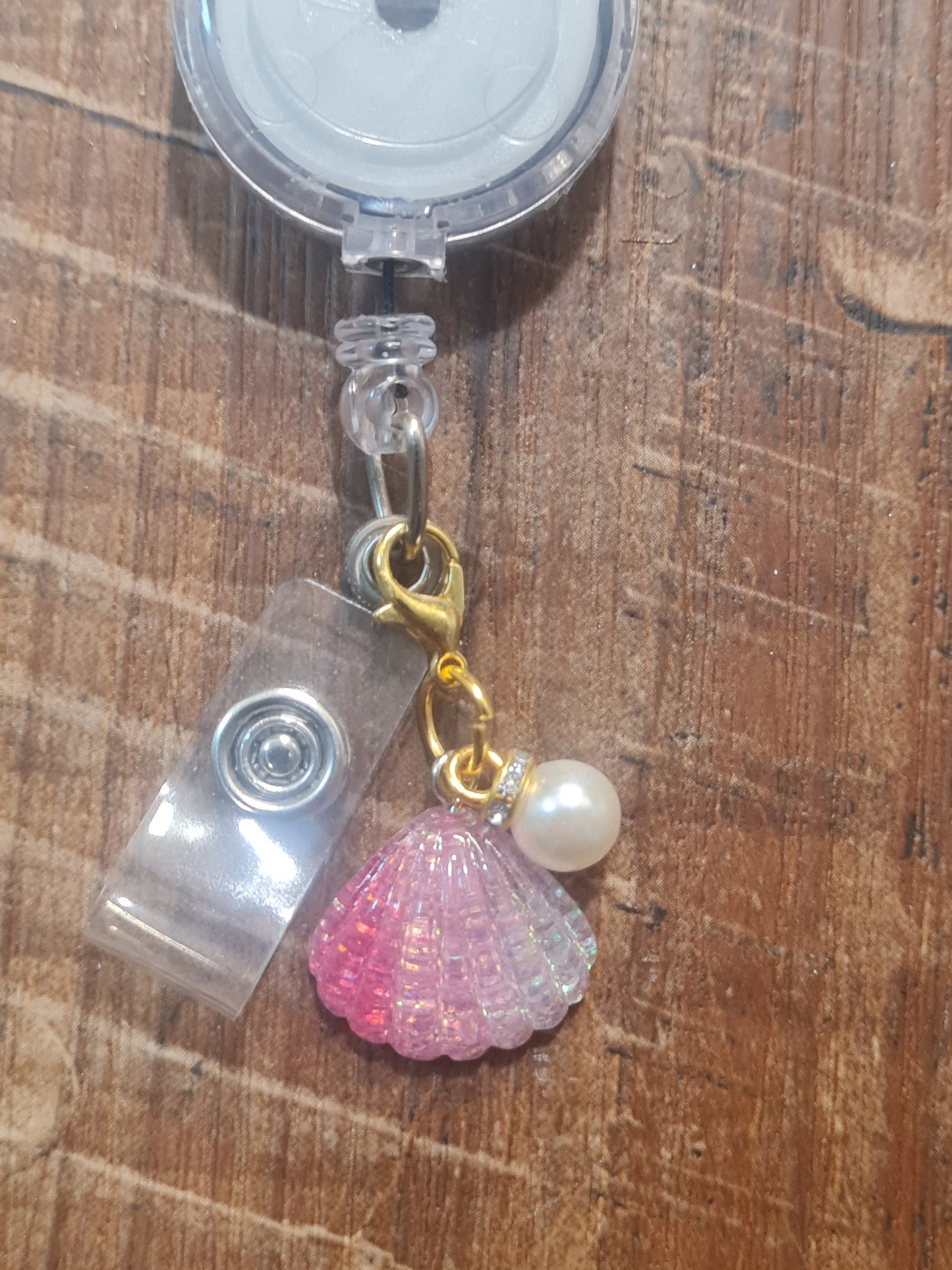 Shell ~ ID Badge Reel Charm ~ Custom Made Charms ~ Badge Buddy ~ Badge Accessories ~ Sea Shell with Pearl ~ Beach Charm ~ Summer Charm