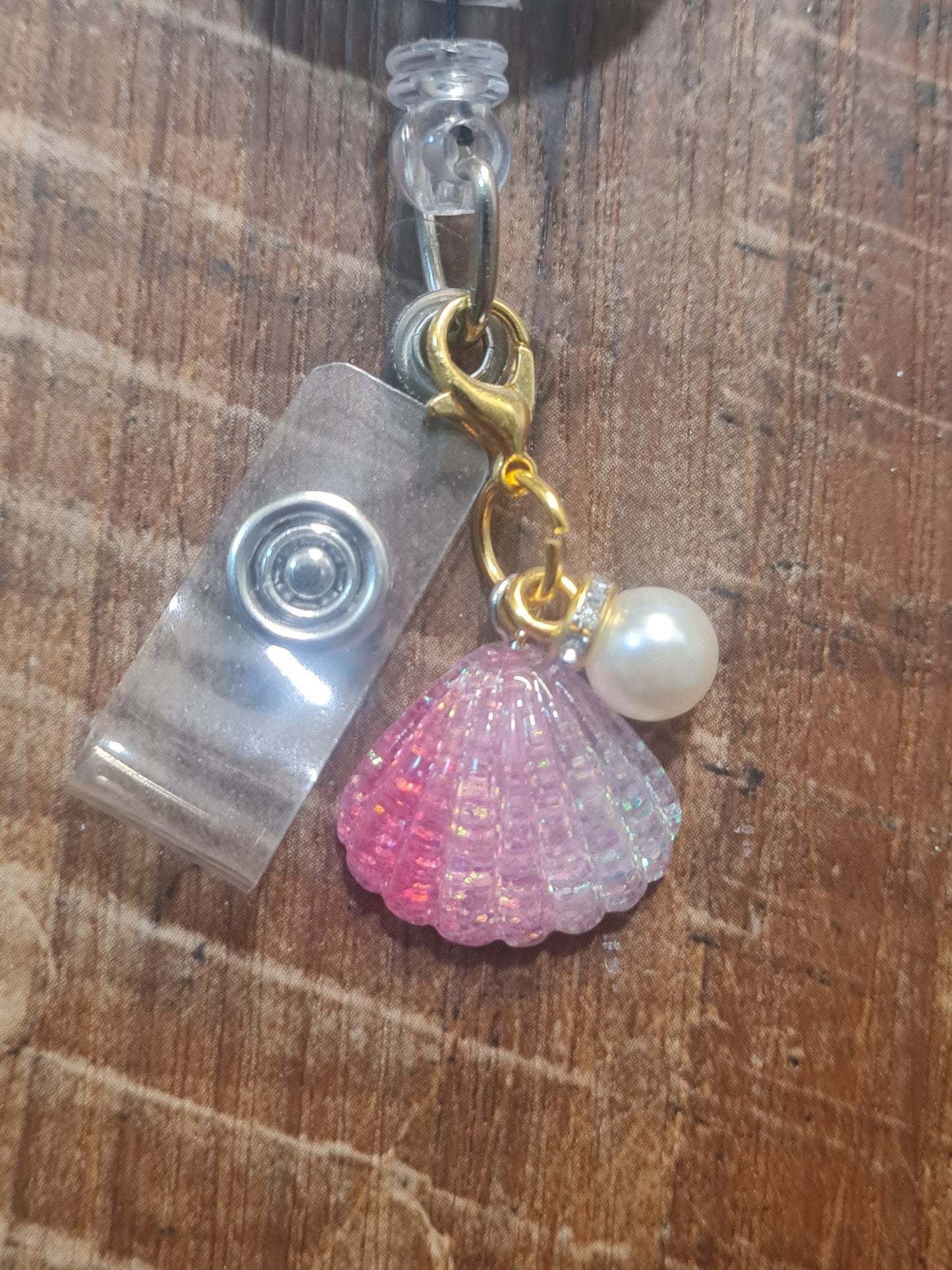 Shell ~ ID Badge Reel Charm ~ Custom Made Charms ~ Badge Buddy ~ Badge Accessories ~ Sea Shell with Pearl ~ Beach Charm ~ Summer Charm