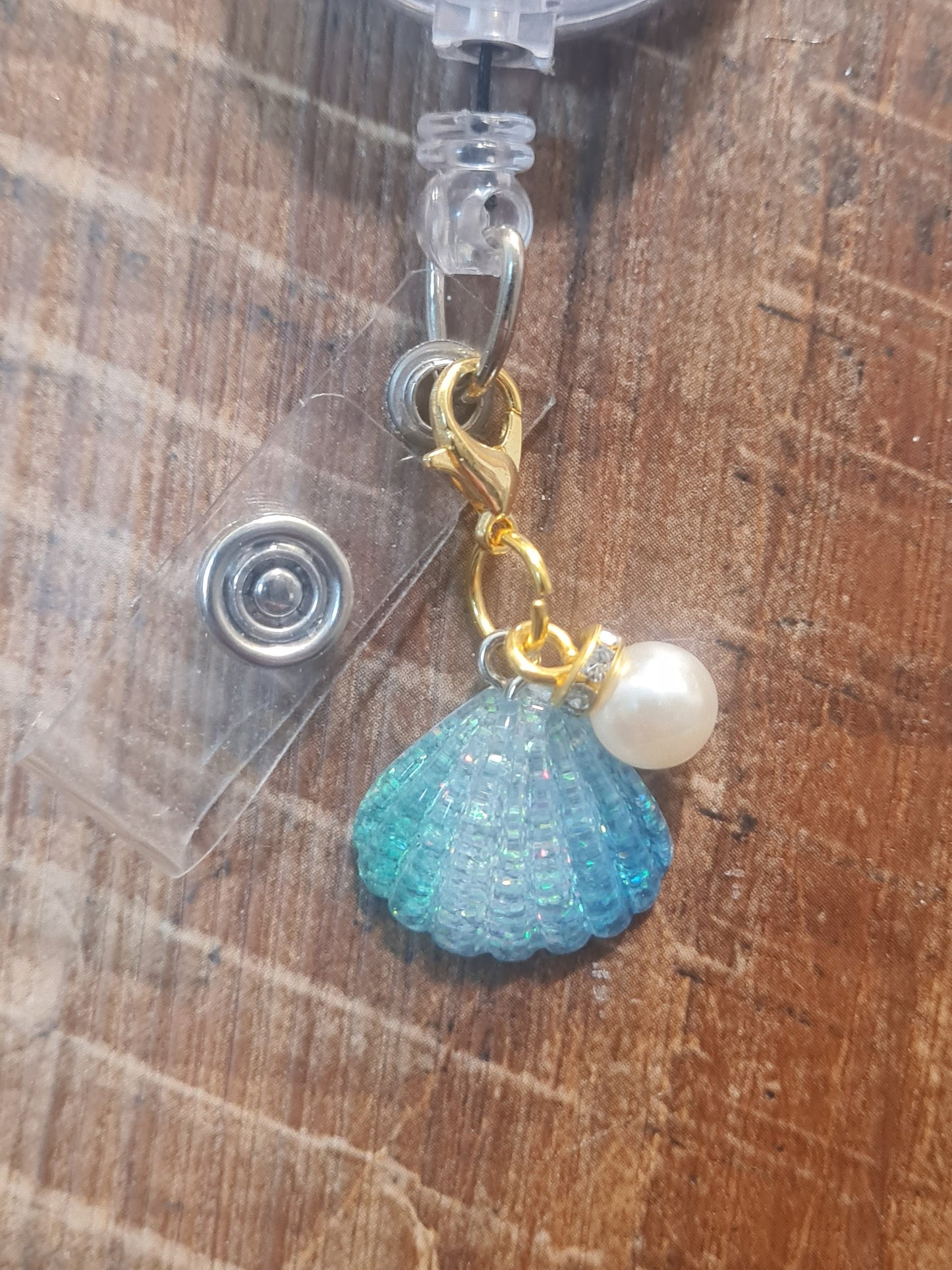 Shell ~ ID Badge Reel Charm ~ Custom Made Charms ~ Badge Buddy ~ Badge Accessories ~ Sea Shell with Pearl ~ Beach Charm ~ Summer Charm